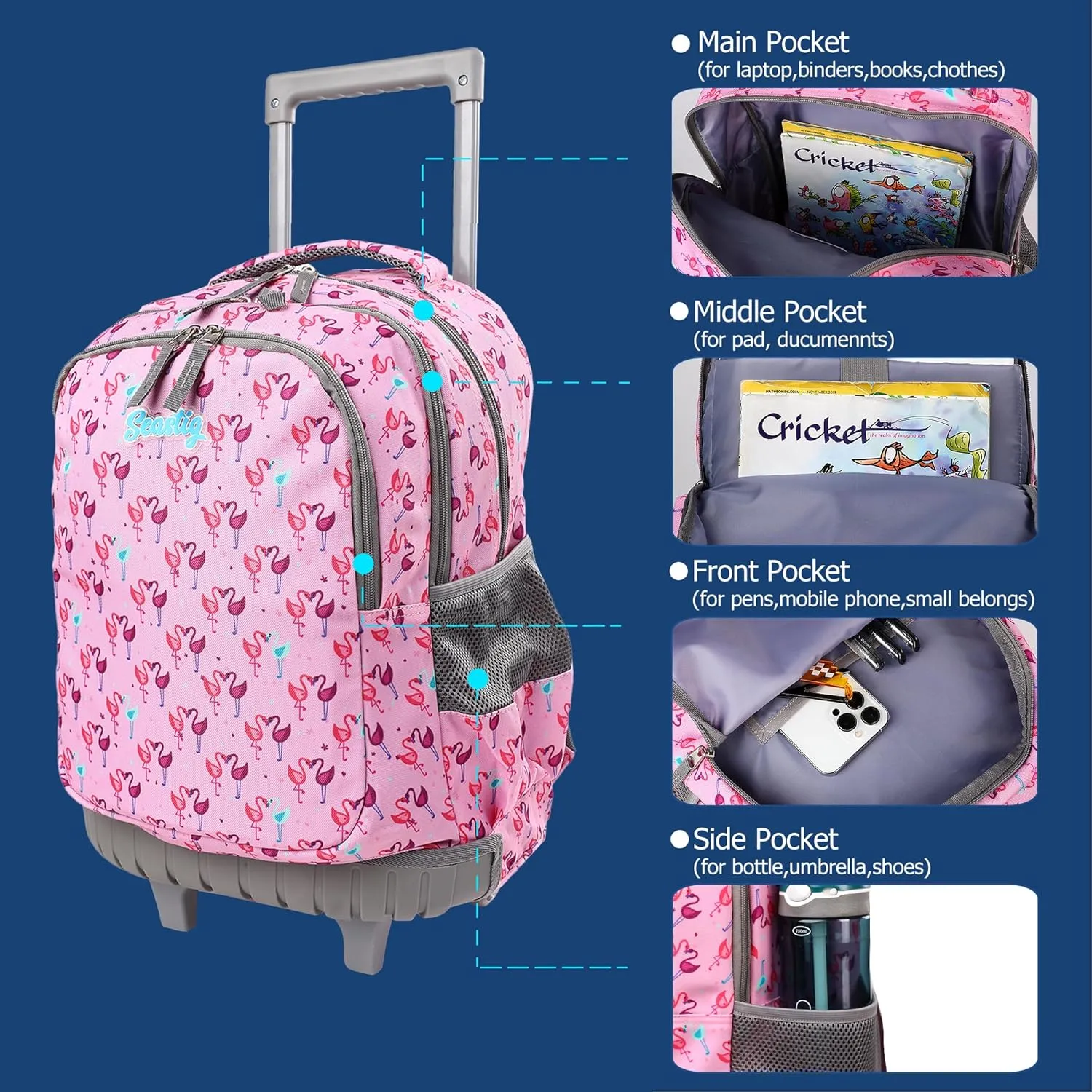 seastig Rolling Backpack Girls Boys 18in Wheeled Backpack Kids Backpack with Wheels School Travel Bag