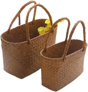 Seaweeds Woven Basket Flower Basket Garden Succulent Bag Flower Basket Crafts Storage Basket Women Handbag Summer Beach Bag For Vacation, Travel, Shopping(L)
