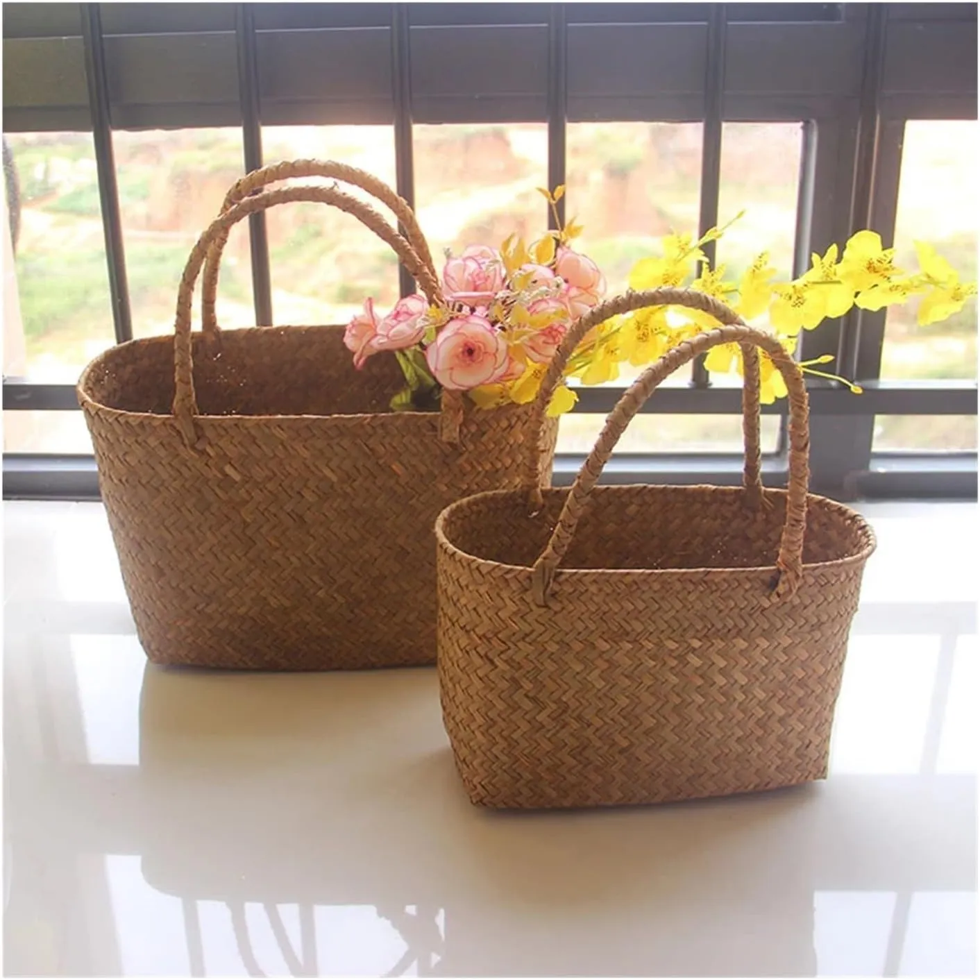 Seaweeds Woven Basket Flower Basket Garden Succulent Bag Flower Basket Crafts Storage Basket Women Handbag Summer Beach Bag For Vacation, Travel, Shopping(L)