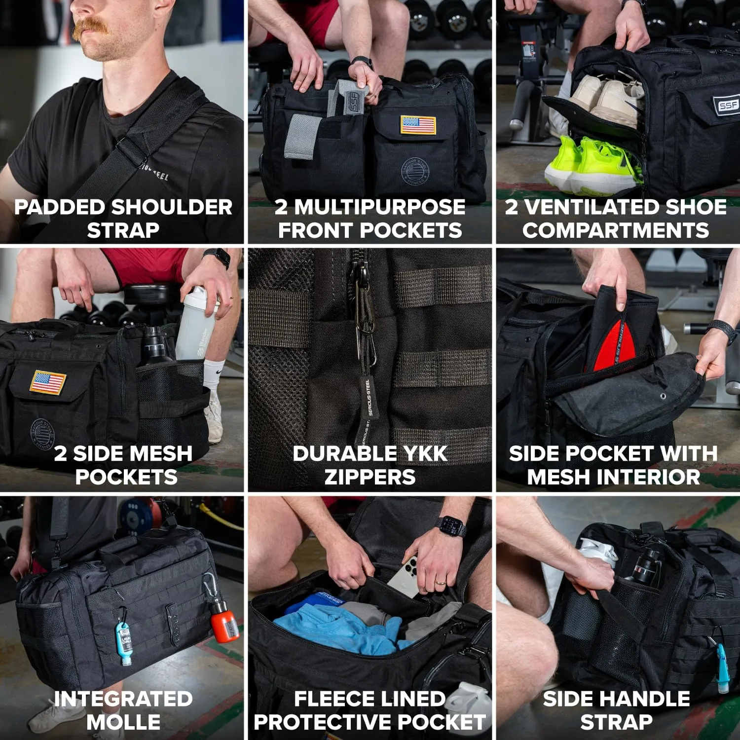 Serious Steel Fitness Heavy Duty 1000D Nylon Duffel Gym Bag (Mid BUD - Black)