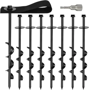 Set of 8 Trampoline Anchors High Wind Heavy Duty 12" Trampoline Stakes Kit with 8 Straps Ground Anchors Screw in for Trampolines Canopies Tent Securing Animals Outdoor Ground Anchor Stakes (Black)