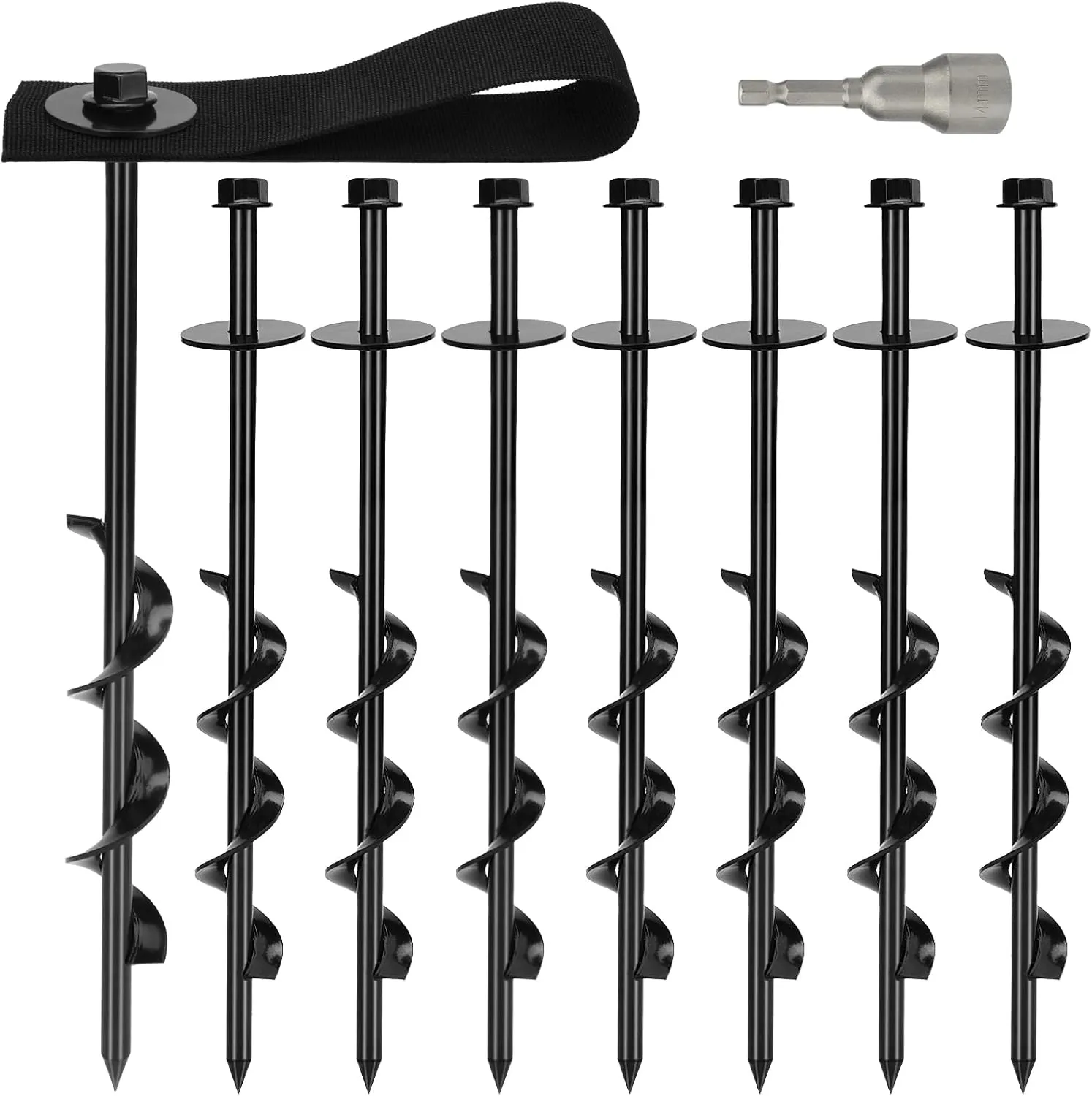 Set of 8 Trampoline Anchors High Wind Heavy Duty 12" Trampoline Stakes Kit with 8 Straps Ground Anchors Screw in for Trampolines Canopies Tent Securing Animals Outdoor Ground Anchor Stakes (Black)