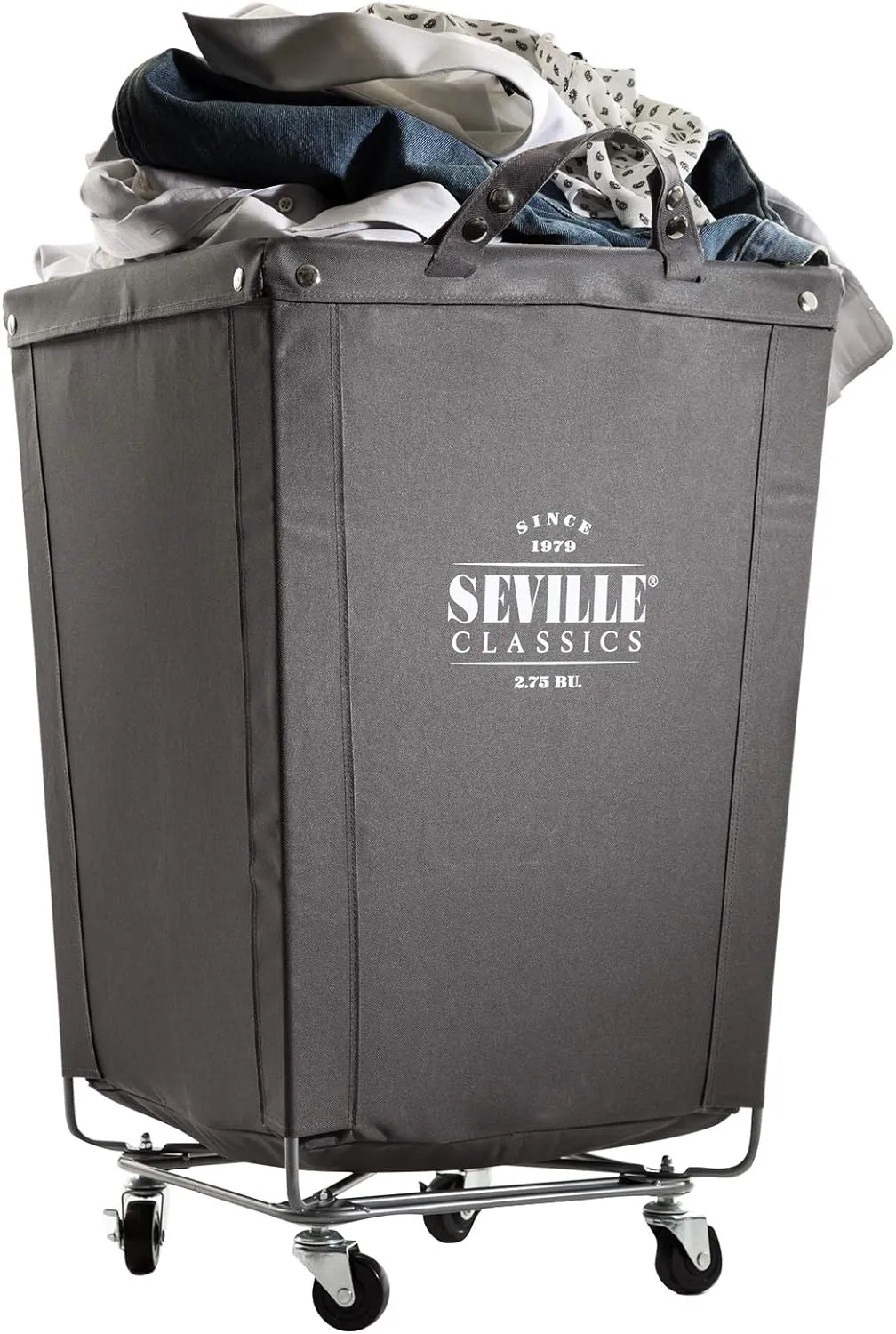 Seville Classics Large Commercial Heavy Duty Rolling Steel Frame Laundry Hamper Canvas Cart Bin w/Wheels for Hotel, Home, Closet, Bedroom (Patented), 18.1" D x 18.1" W, Gray