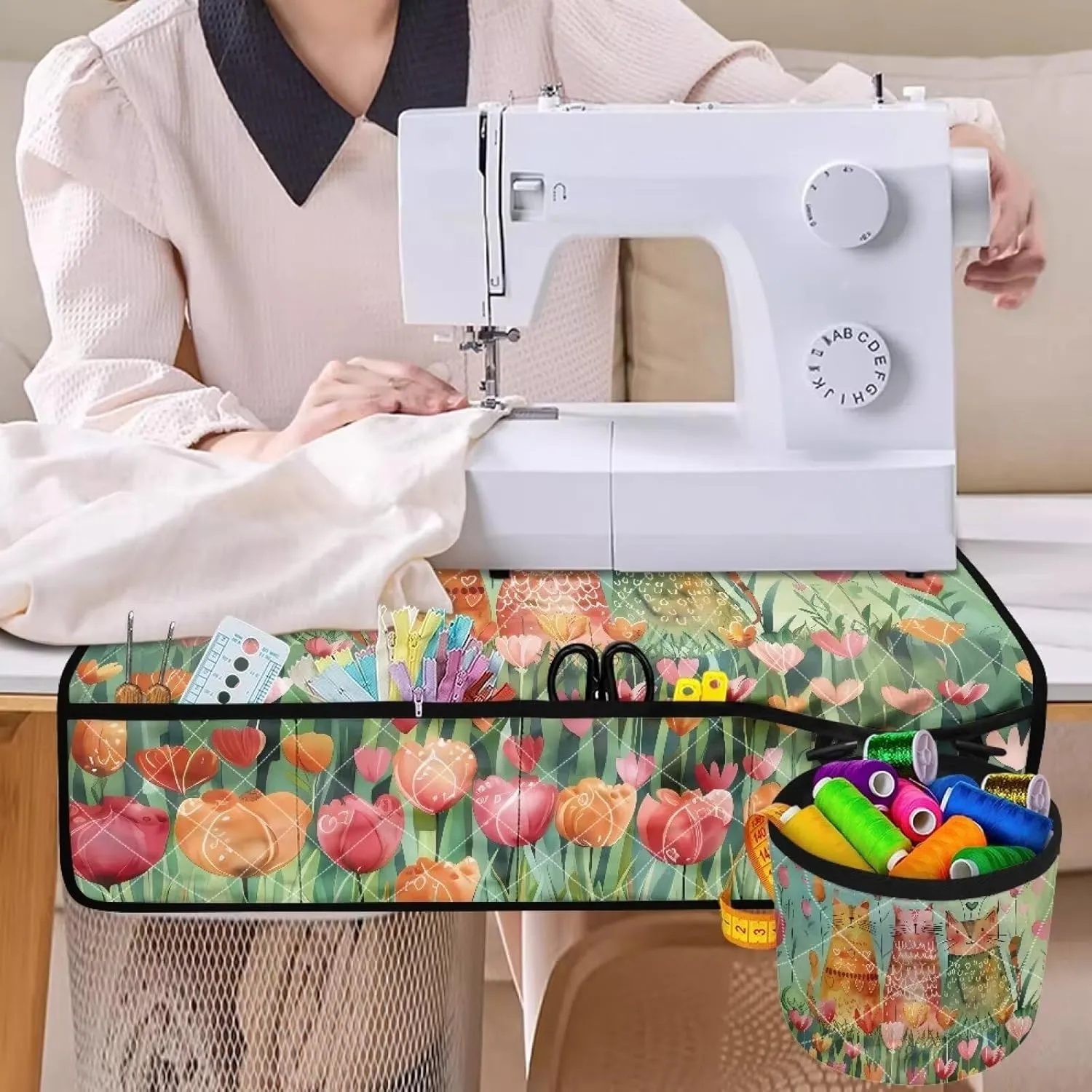 Sewing Machine Mat Cat Floral Sewing Machine Pad Organizer with Pockets Sewing Fabric & Parts Organizer for Sewing Supplies