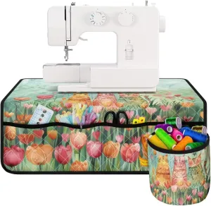 Sewing Machine Mat Cat Floral Sewing Machine Pad Organizer with Pockets Sewing Fabric & Parts Organizer for Sewing Supplies