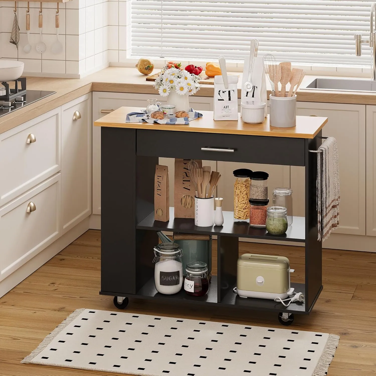 Shintenchi Kitchen Island on Wheels with Storage, Wheeled Island & Cart with 3-Tier Spice Rack, 3 Open Shelves and 1 Drawer, Black