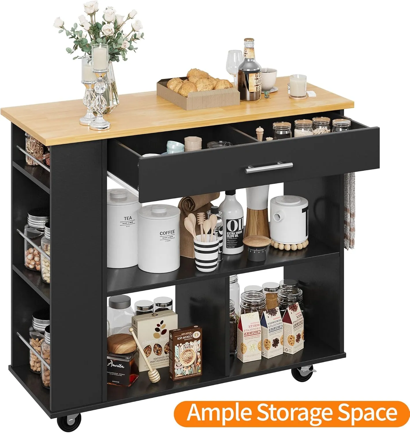 Shintenchi Kitchen Island on Wheels with Storage, Wheeled Island & Cart with 3-Tier Spice Rack, 3 Open Shelves and 1 Drawer, Black