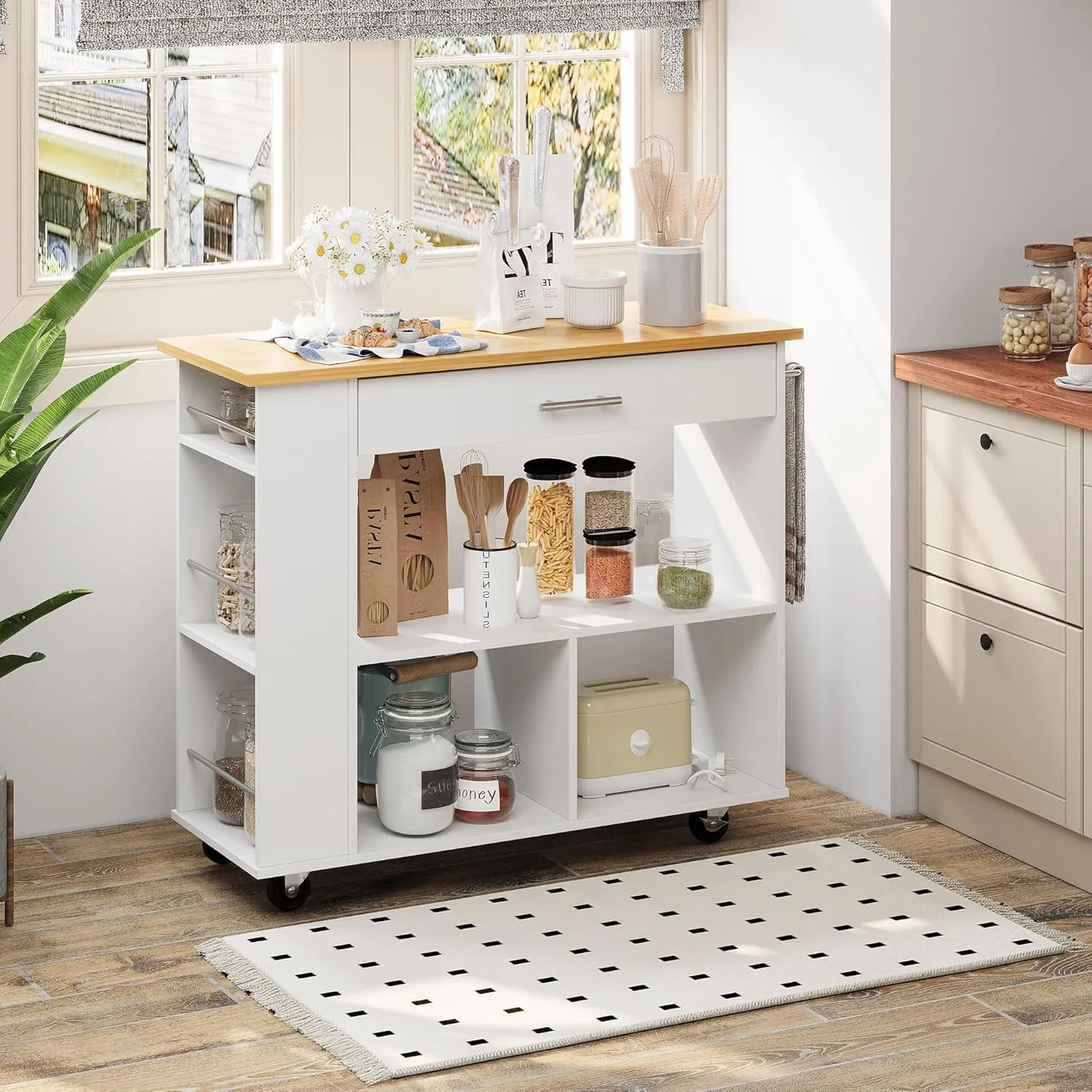 Shintenchi Kitchen Island on Wheels with Storage, Wheeled Island & Cart with 3-Tier Spice Rack, 3 Open Shelves and 1 Drawer, White