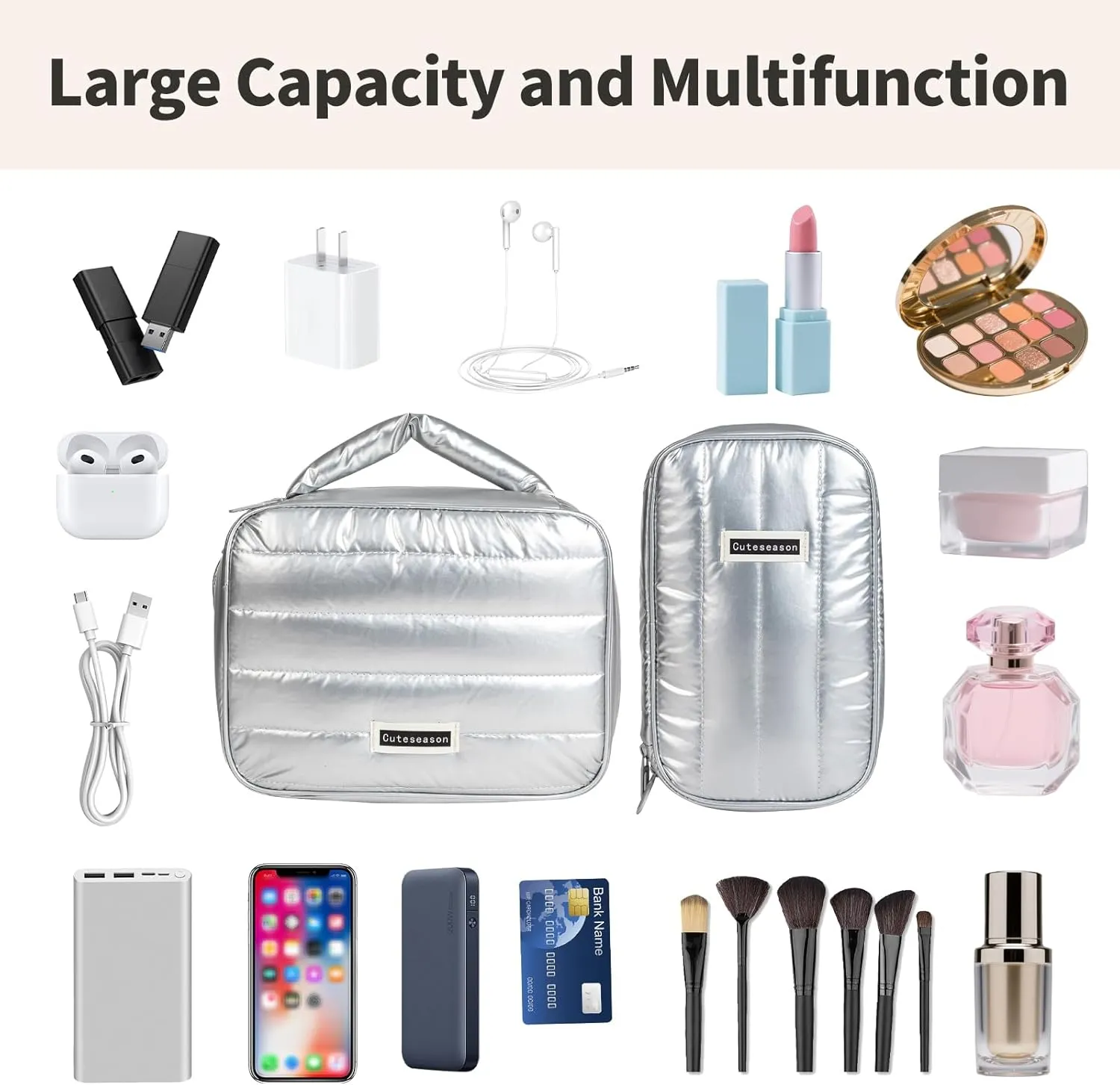 Shiny Puffy Makeup Bag Large Capacity Travel Water-proof Toiletry Bag Drop-proof Digital Product Organizer (Pink, L and M)