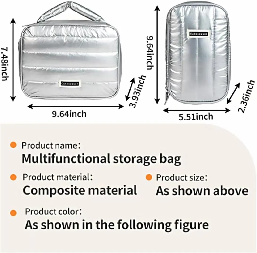 Shiny Puffy Makeup Bag Large Capacity Travel Water-proof Toiletry Bag Drop-proof Digital Product Organizer (Pink, L and M)