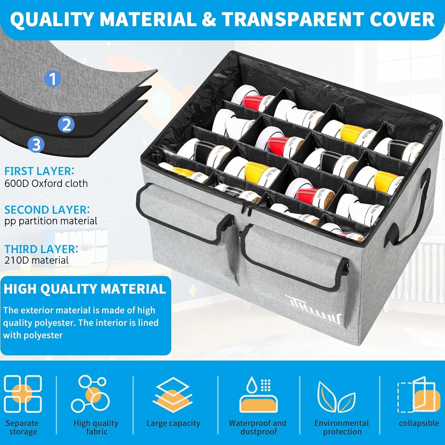 Shoe Storage Organizer with Transparent Cover & Adjustable Dividers for Shoes（can storage 16 pairs）, Blankets, Handbags, Linen, Clothing, Gray