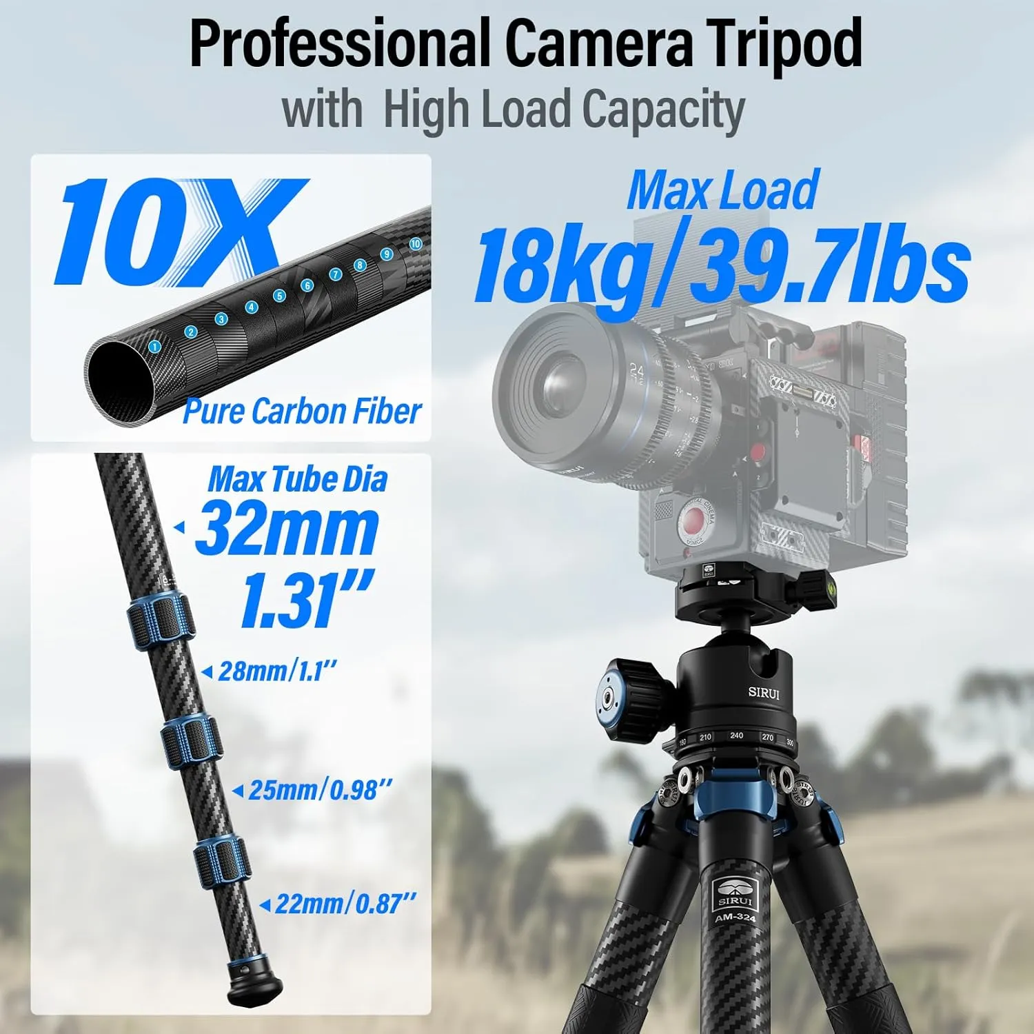 SIRUI AM-324 Professional Camera Tripod with AM-40 Low Gravity Ball Head, 60.4” Carbon Fiber Heavy Duty Tripod for Mirrorless Camera, DSLR, 4 Sections, 32mm Max Tube, Max Load 39.8lb/18kg