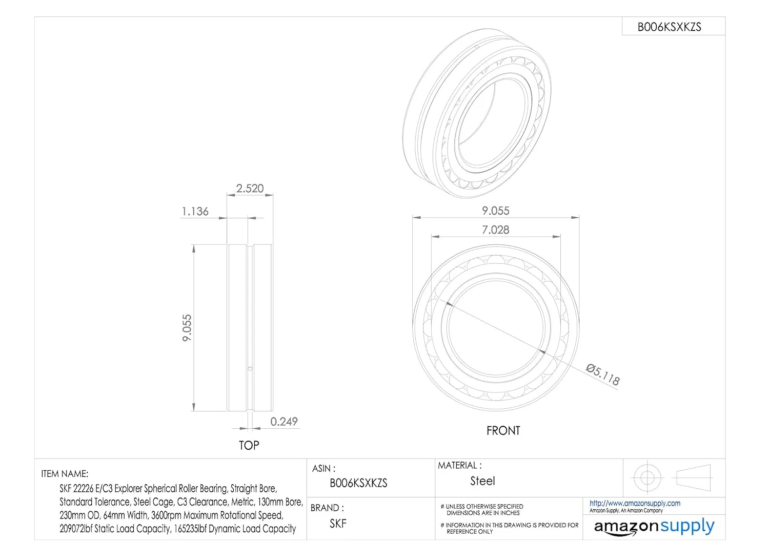 SKF 22207 E/C3 Explorer Spherical Roller Bearing, Straight Bore, Standard Tolerance, Steel Cage, C3 Clearance, Metric, 35mm Bore, 72mm OD, 23mm Width, 12000rpm Maximum Rotational Speed, 19109lbf Static Load Capacity, 19446lbf Dynamic Load Capacity