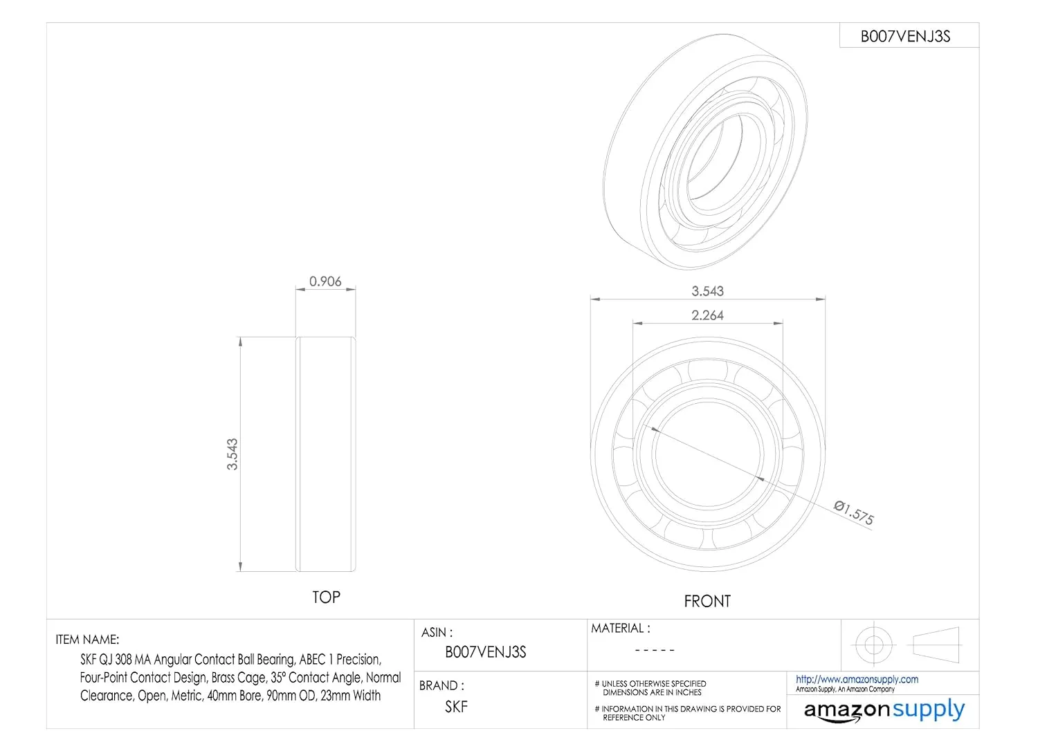 SKF QJ 311 MA Angular Contact Ball Bearing, ABEC 1 Precision, Four-Point Contact Design, Brass Cage, 35° Contact Angle, Normal Clearance, Open, Metric, 55mm Bore, 120mm OD, 29mm Width