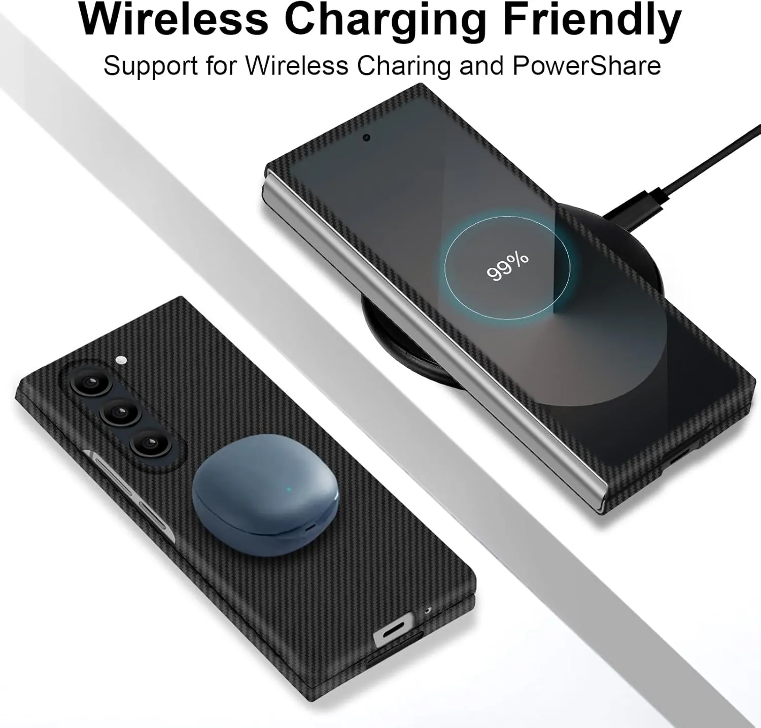 Slim and Thin Carbon Fiber Case Compatible with Samsung Galaxy Z Fold 6, 600D Aramid Fiber Z Fold6 Cover for Men and Women, Supports Wireless Charging, Matte Black Gray