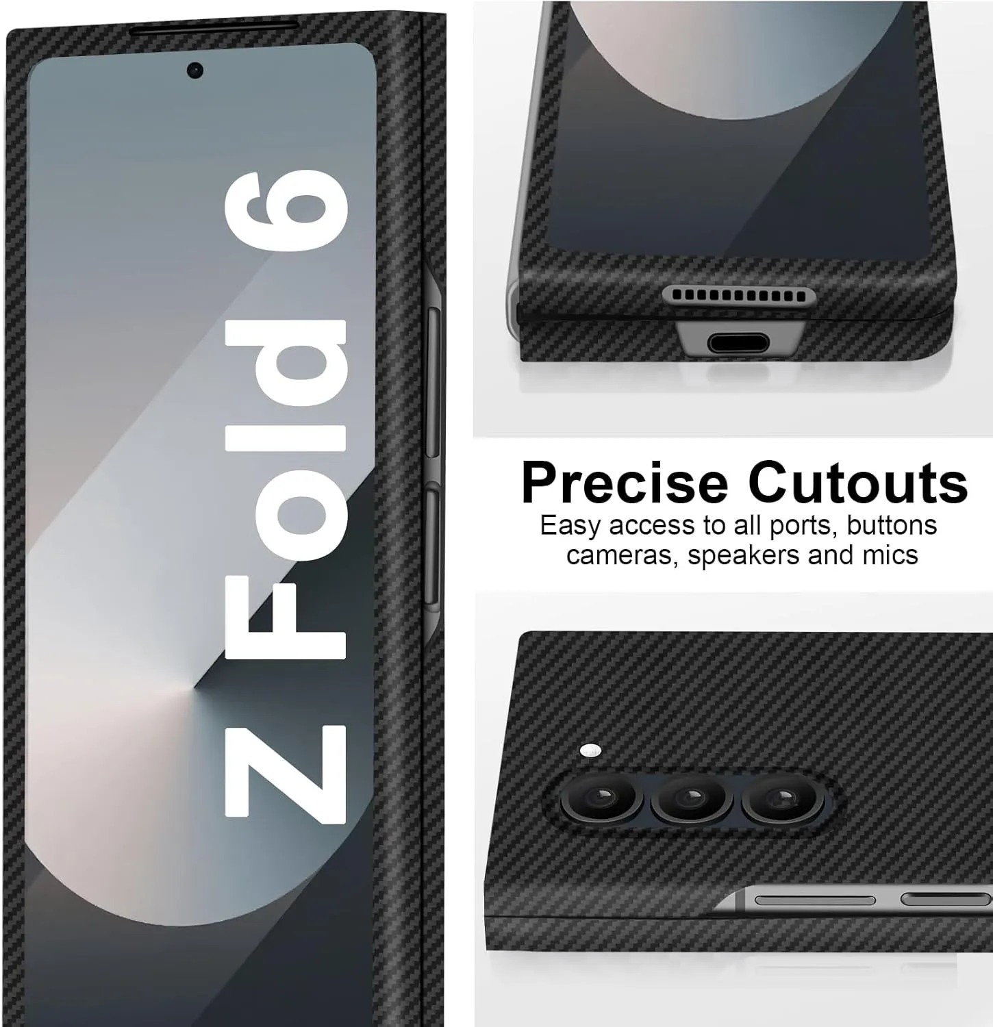 Slim and Thin Carbon Fiber Case Compatible with Samsung Galaxy Z Fold 6, 600D Aramid Fiber Z Fold6 Cover for Men and Women, Supports Wireless Charging, Matte Black Gray
