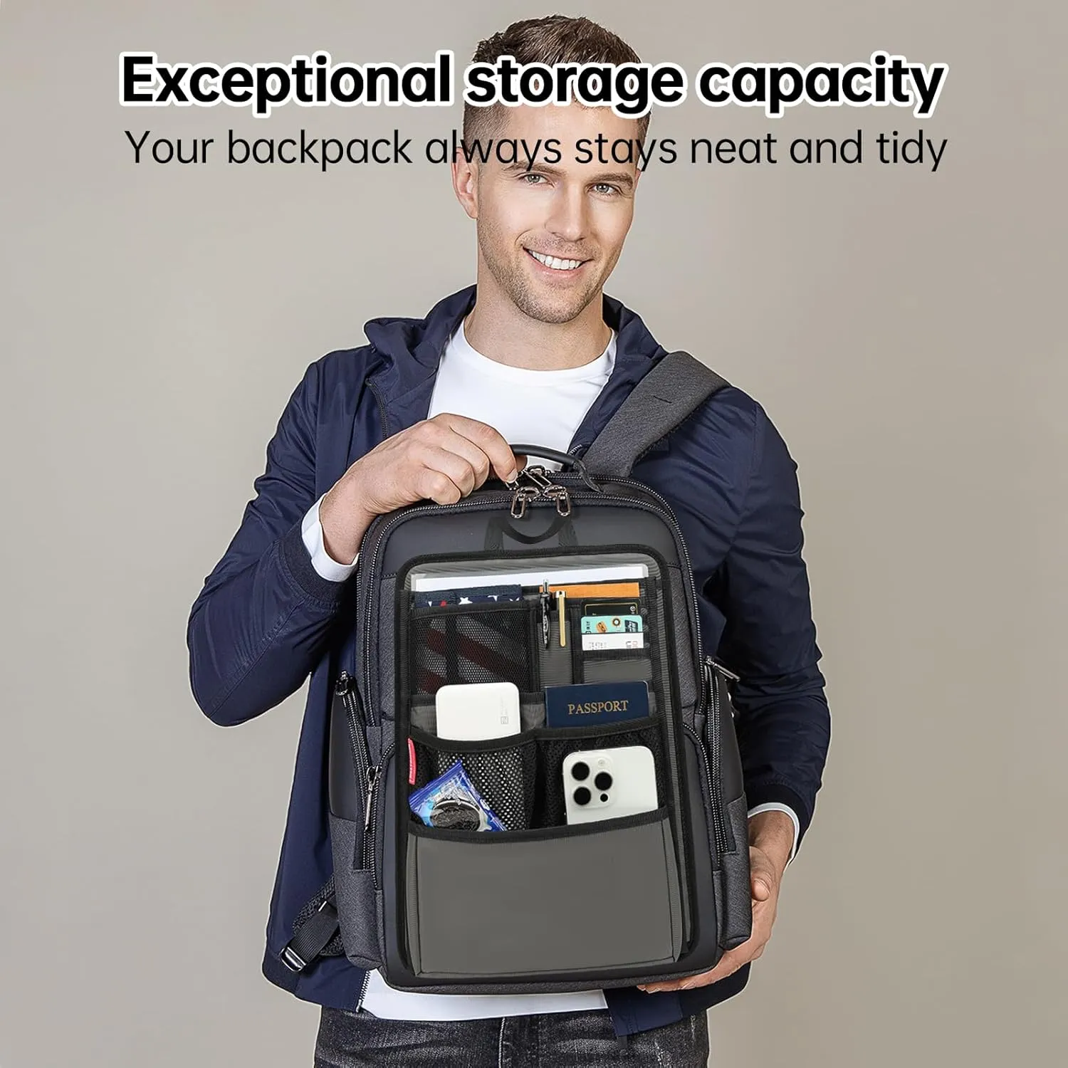 Slim Rugged Backpack Organizer Insert for Travel Work Men Women -13 Pockets,Padded Nylon, Handle - Mix