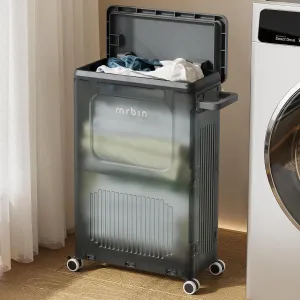 Slim Wheeled Laundry Hamper with Lid and Handles,40L / 10.5gal Removable Sturdy Plastic Dirty Clothes Basket, Tall Narrow Rolling Laundry Carts for Bathroom, Bedroom, Dorm Compact Corner, Black