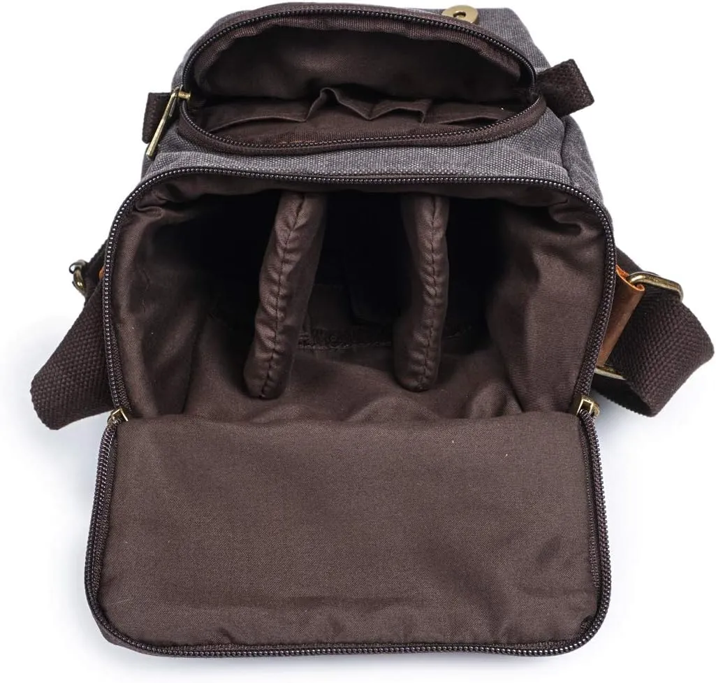 Small Camera Bag/Case, Vintage Canvase Leather Trim DSLR SLR Camera Shoulder Messenger Sling Bag