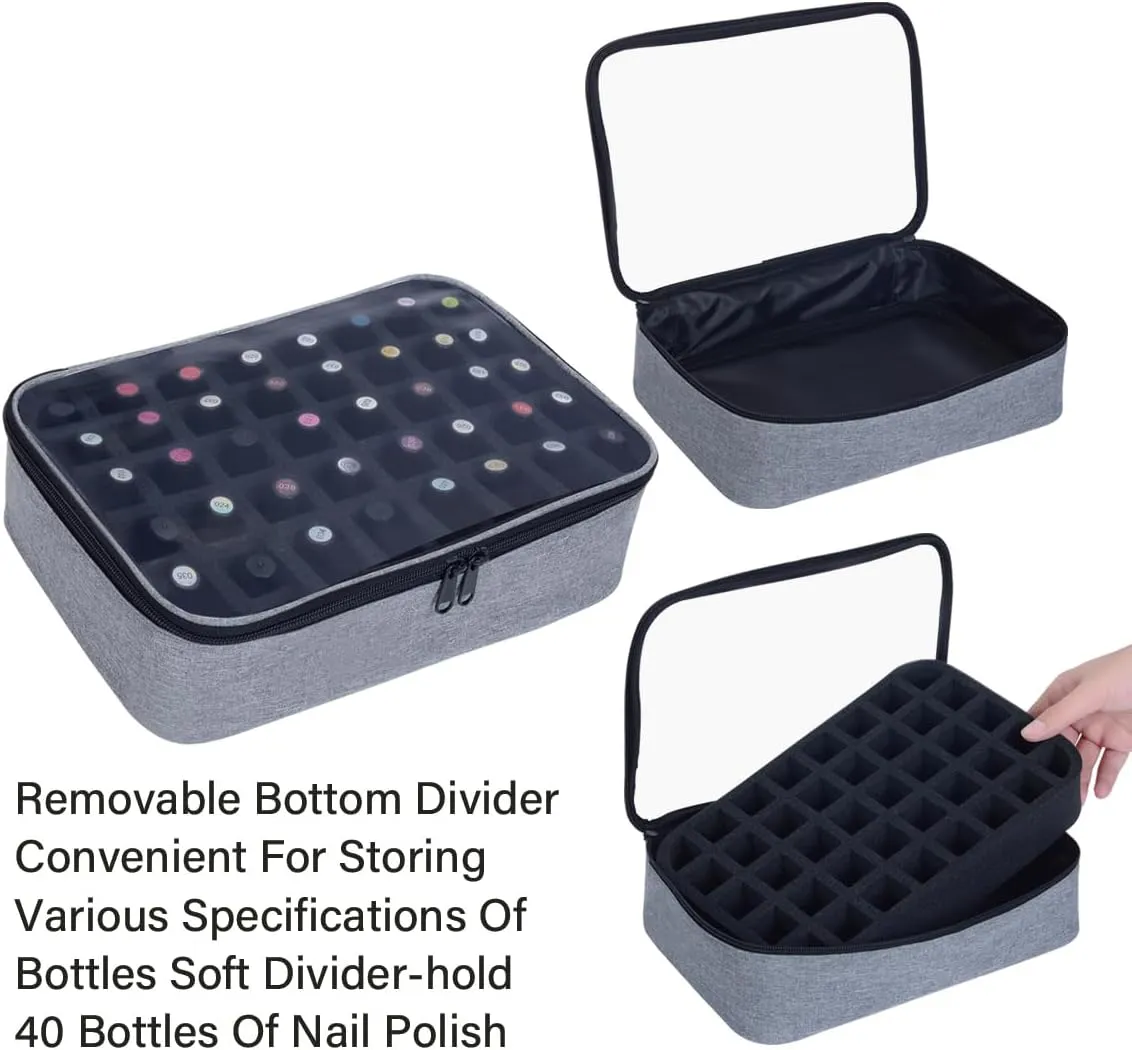 Small Clear Nail Polish Organizer Holds 40 bottles(15ml-0.5fl.oz) Nail Polish Case Multifunctional Nail Polish Bag organizer, Cosmetic Travel Makeup Bags for Women Gray