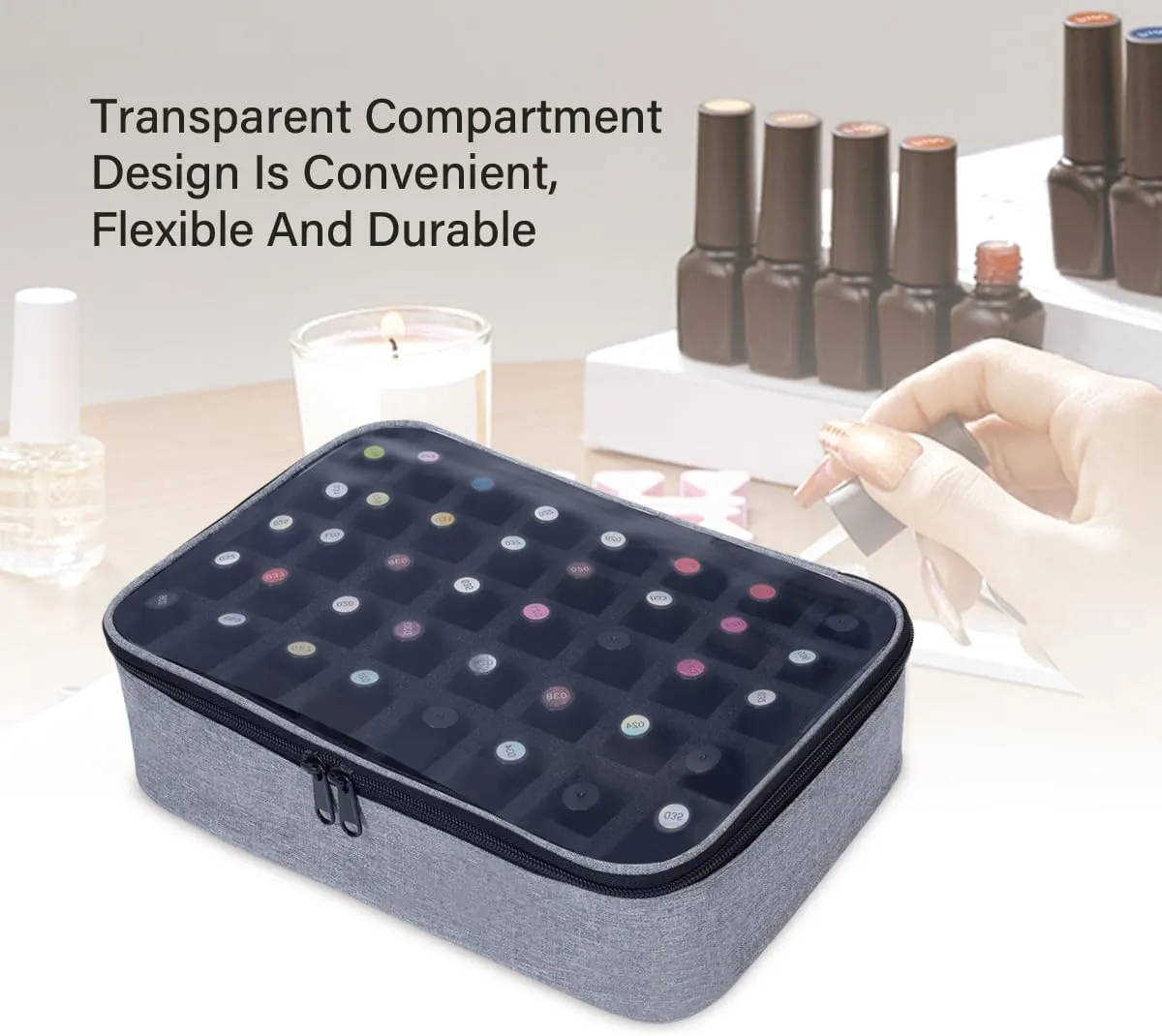 Small Clear Nail Polish Organizer Holds 40 bottles(15ml-0.5fl.oz) Nail Polish Case Multifunctional Nail Polish Bag organizer, Cosmetic Travel Makeup Bags for Women Gray