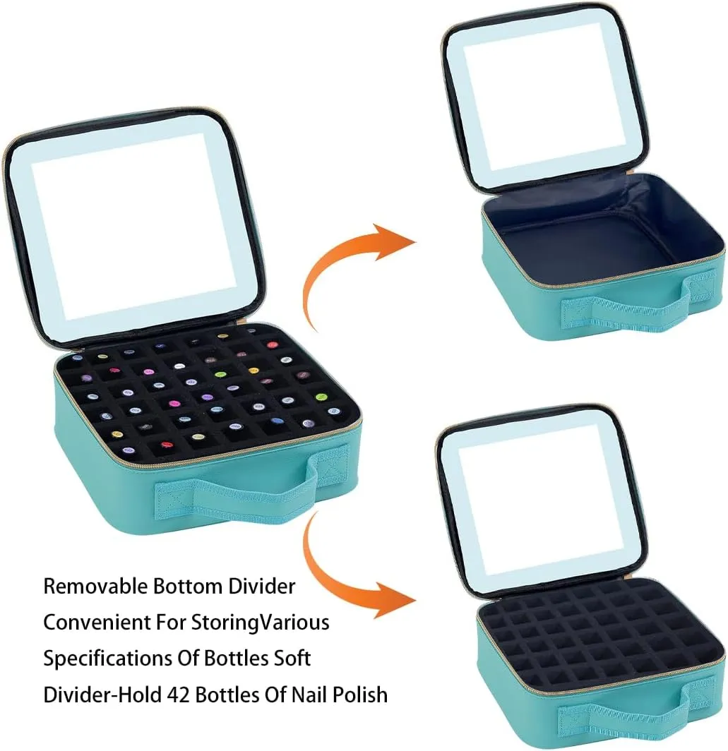 Small Clear Nail Polish Organizer Storage Box Hold 42 Bottles (15 ml/0.51 floz) PU Leather Portable Cosmetic Bag with Removable Partition