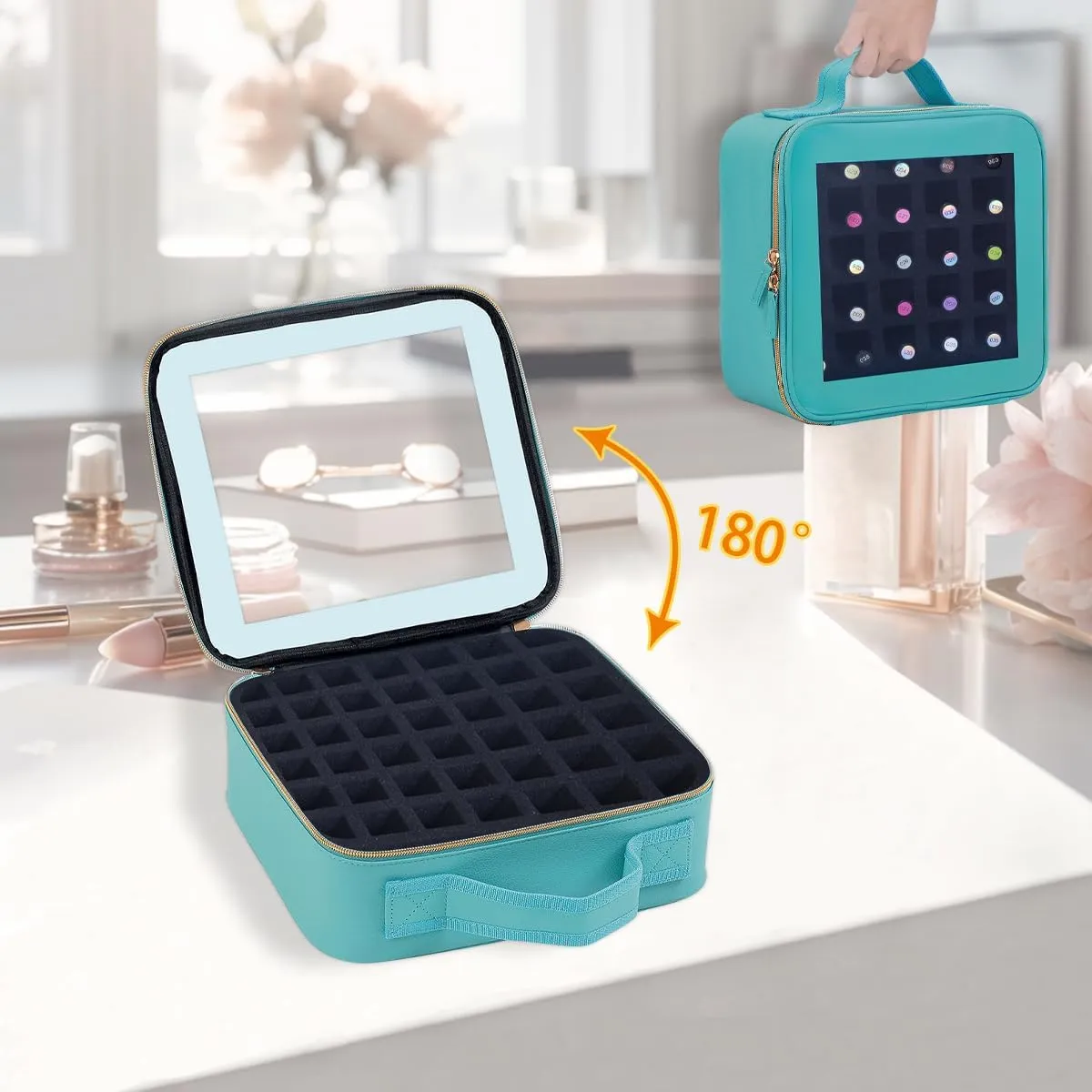 Small Clear Nail Polish Organizer Storage Box Hold 42 Bottles (15 ml/0.51 floz) PU Leather Portable Cosmetic Bag with Removable Partition