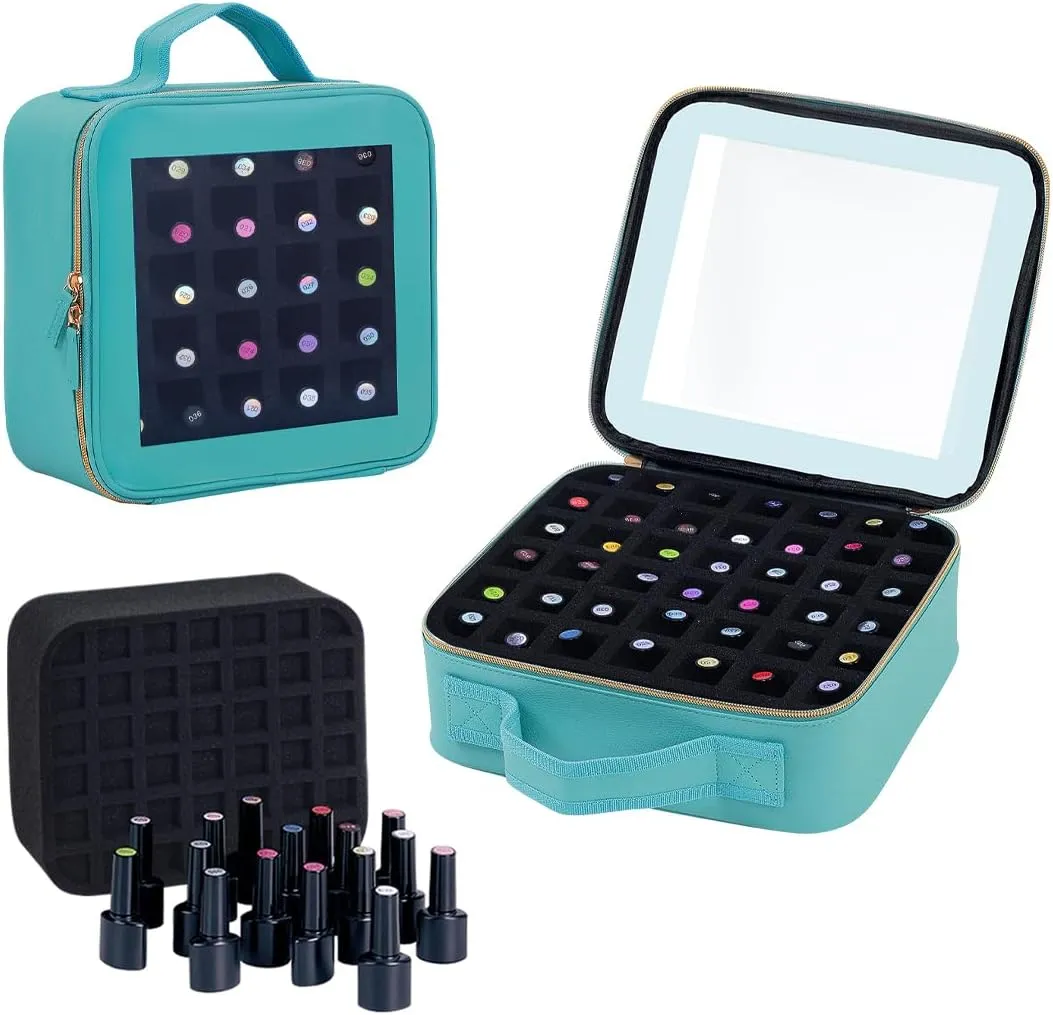 Small Clear Nail Polish Organizer Storage Box Hold 42 Bottles (15 ml/0.51 floz) PU Leather Portable Cosmetic Bag with Removable Partition