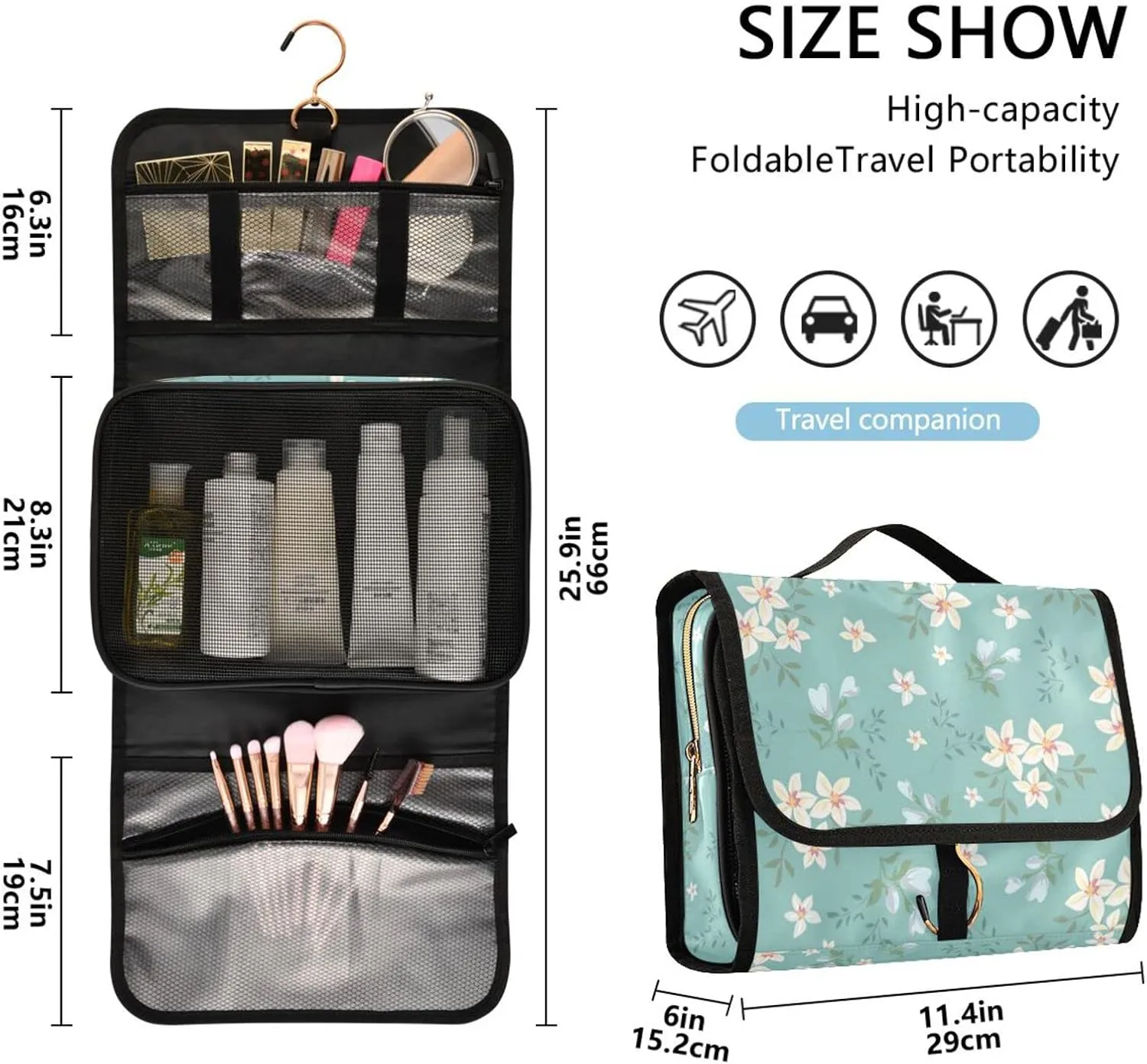 Small Flower Blue Travel Toiletry Bag Cosmetic Make up Brush Cases Hanging Water-resistant Accessories Organizer for Women 3PCS