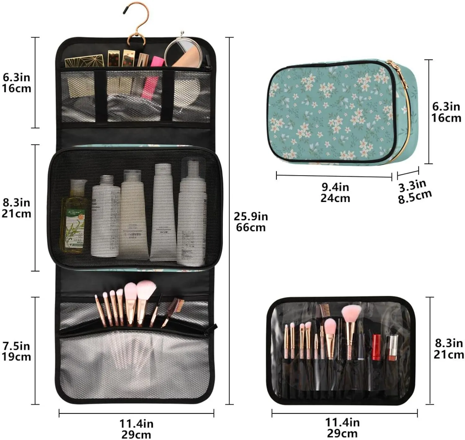 Small Flower Blue Travel Toiletry Bag Cosmetic Make up Brush Cases Hanging Water-resistant Accessories Organizer for Women 3PCS