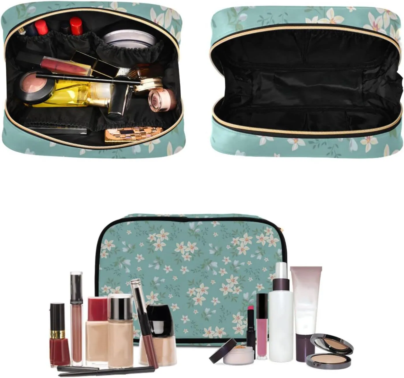 Small Flower Blue Travel Toiletry Bag Cosmetic Make up Brush Cases Hanging Water-resistant Accessories Organizer for Women 3PCS