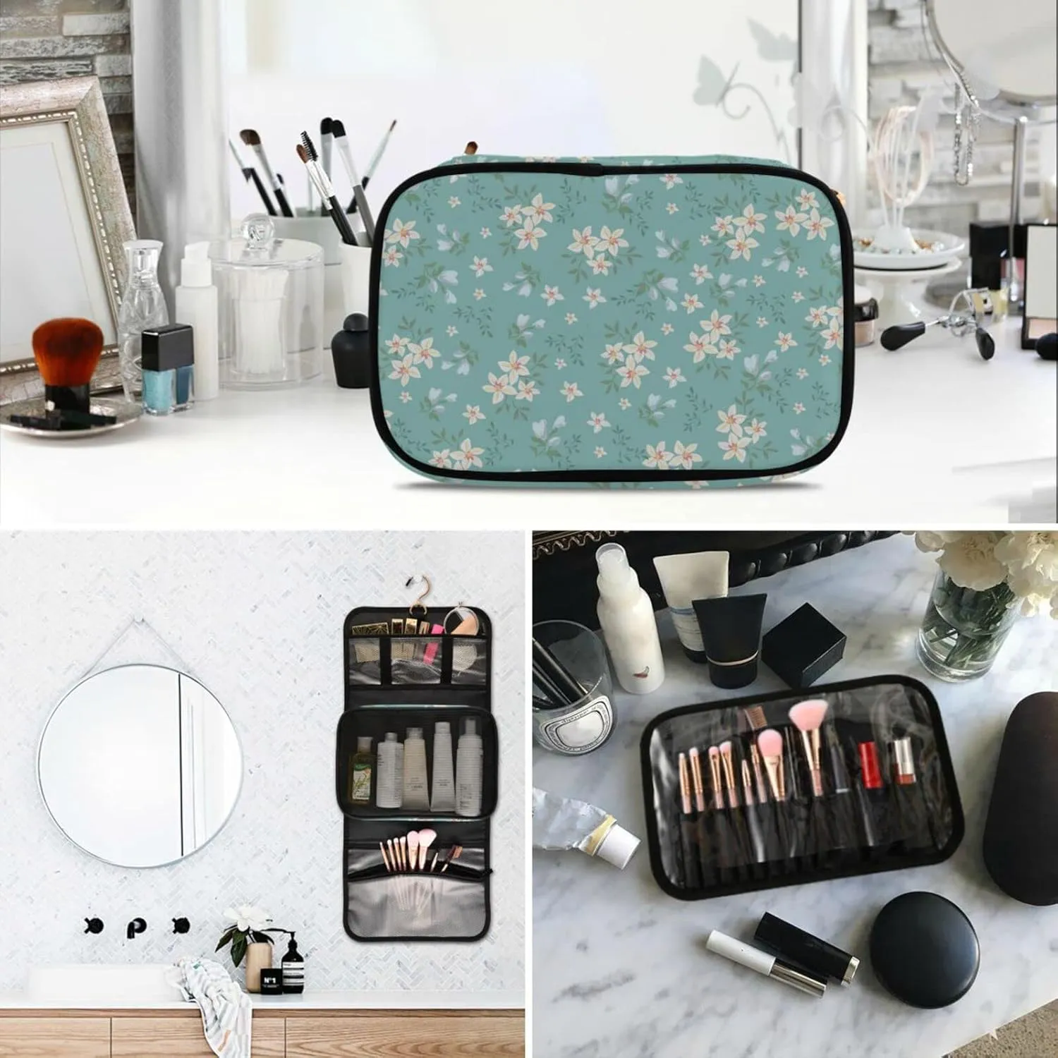 Small Flower Blue Travel Toiletry Bag Cosmetic Make up Brush Cases Hanging Water-resistant Accessories Organizer for Women 3PCS