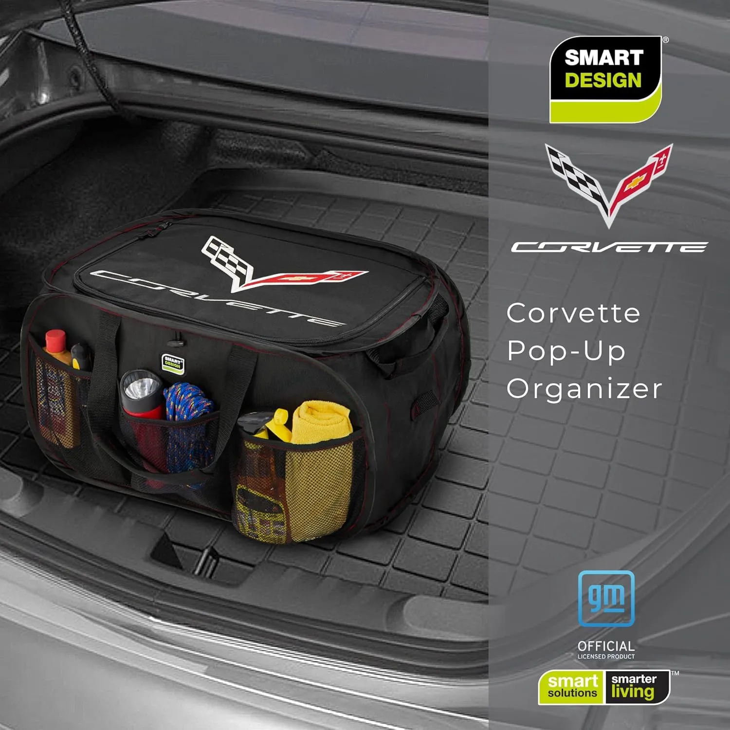 Smart Design Pop Up Trunk Organizer w/Easy Carry Handles, Side Pockets, & Zipper Top - 23 Inch - Durable Fabric Collapsible Design - Home Organization (Holds 50 lbs.) - Corvette