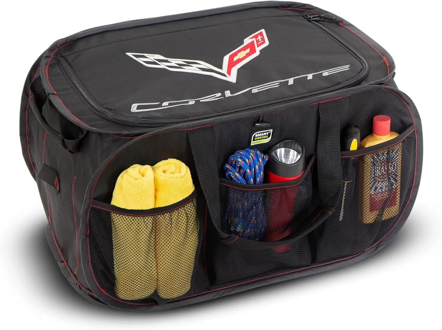 Smart Design Pop Up Trunk Organizer w/Easy Carry Handles, Side Pockets, & Zipper Top - 23 Inch - Durable Fabric Collapsible Design - Home Organization (Holds 50 lbs.) - Corvette