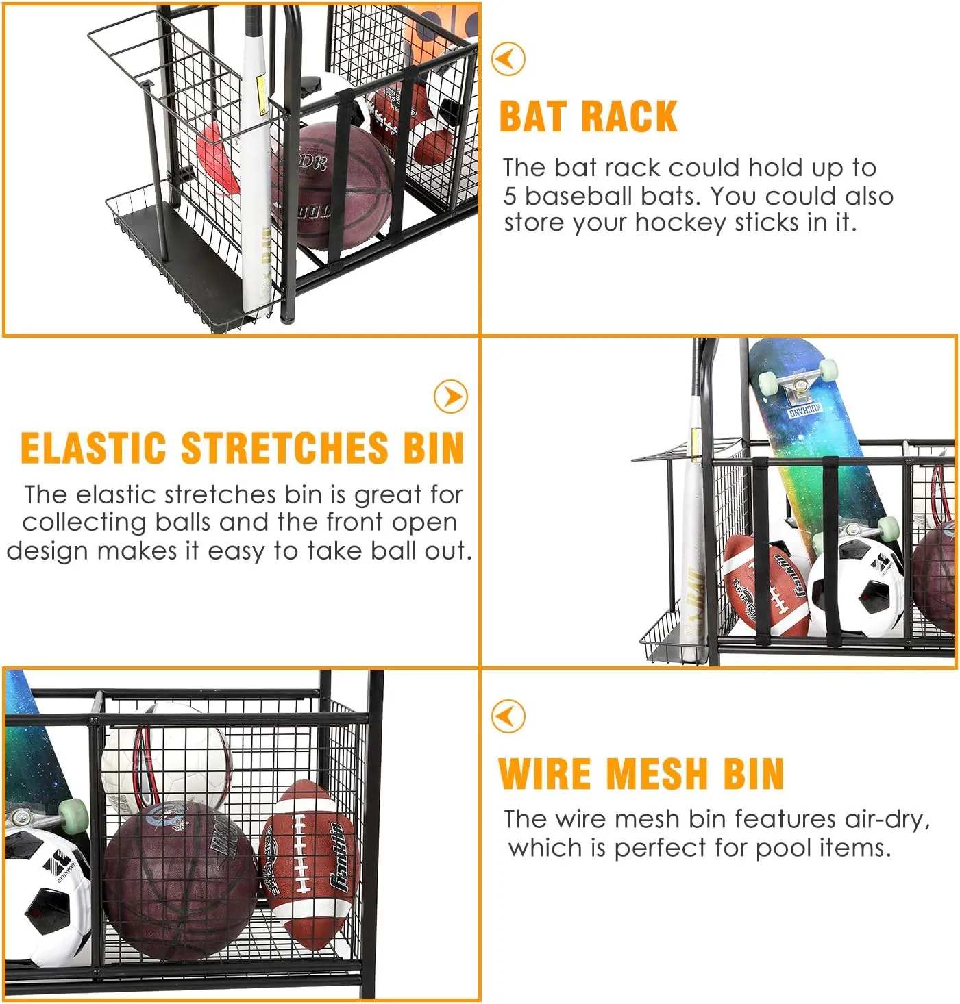 Snail Garage Sports Equipment Storage Organizer Sports Ball Storage Rolling Cart with Basket and Hooks Lockable Sports Ball Cage Storage Rack for Garages, Playgroup, Gym and Schools, Black