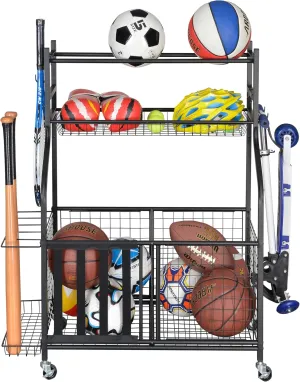 Snail Garage Sports Equipment Storage Organizer Sports Ball Storage Rolling Cart with Basket and Hooks Lockable Sports Ball Cage Storage Rack for Garages, Playgroup, Gym and Schools, Black
