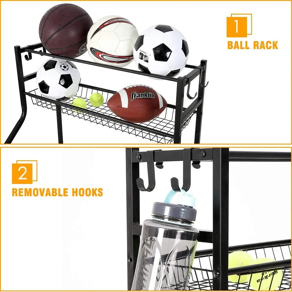 Snail Garage Sports Equipment Storage Organizer Sports Ball Storage Rolling Cart with Basket and Hooks Lockable Sports Ball Cage Storage Rack for Garages, Playgroup, Gym and Schools, Black
