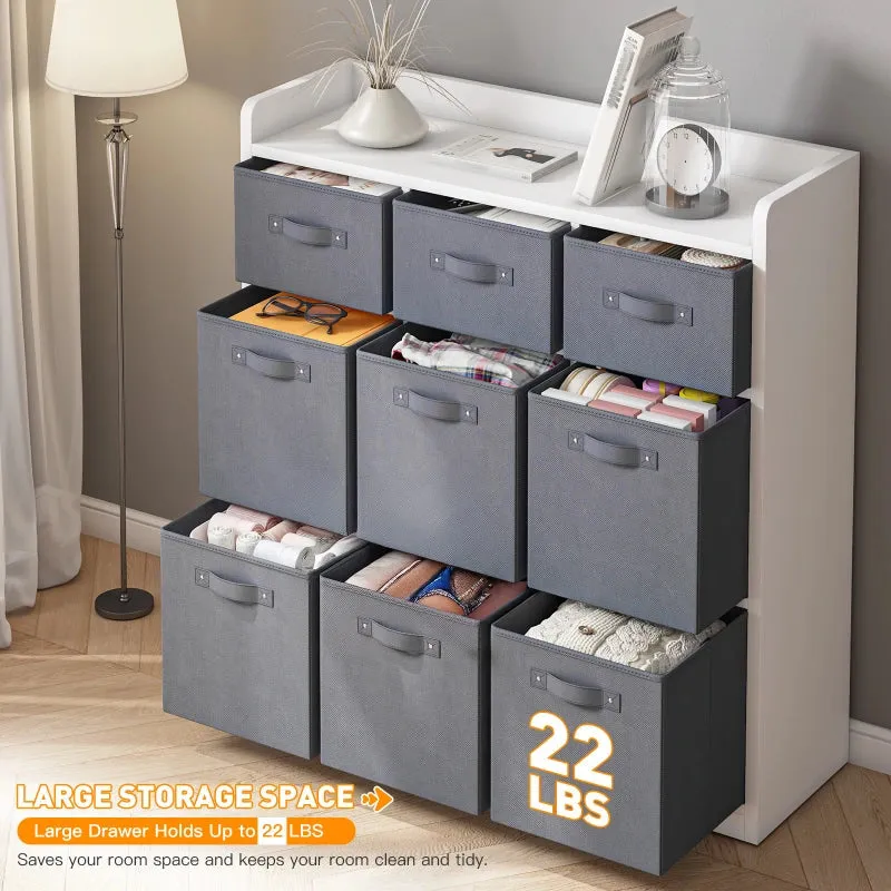 Snhomee 9 Drawer Solid Wood Dresser for Bedroom,White Wood Dresser with Fabric Drawers Ample Storage Space