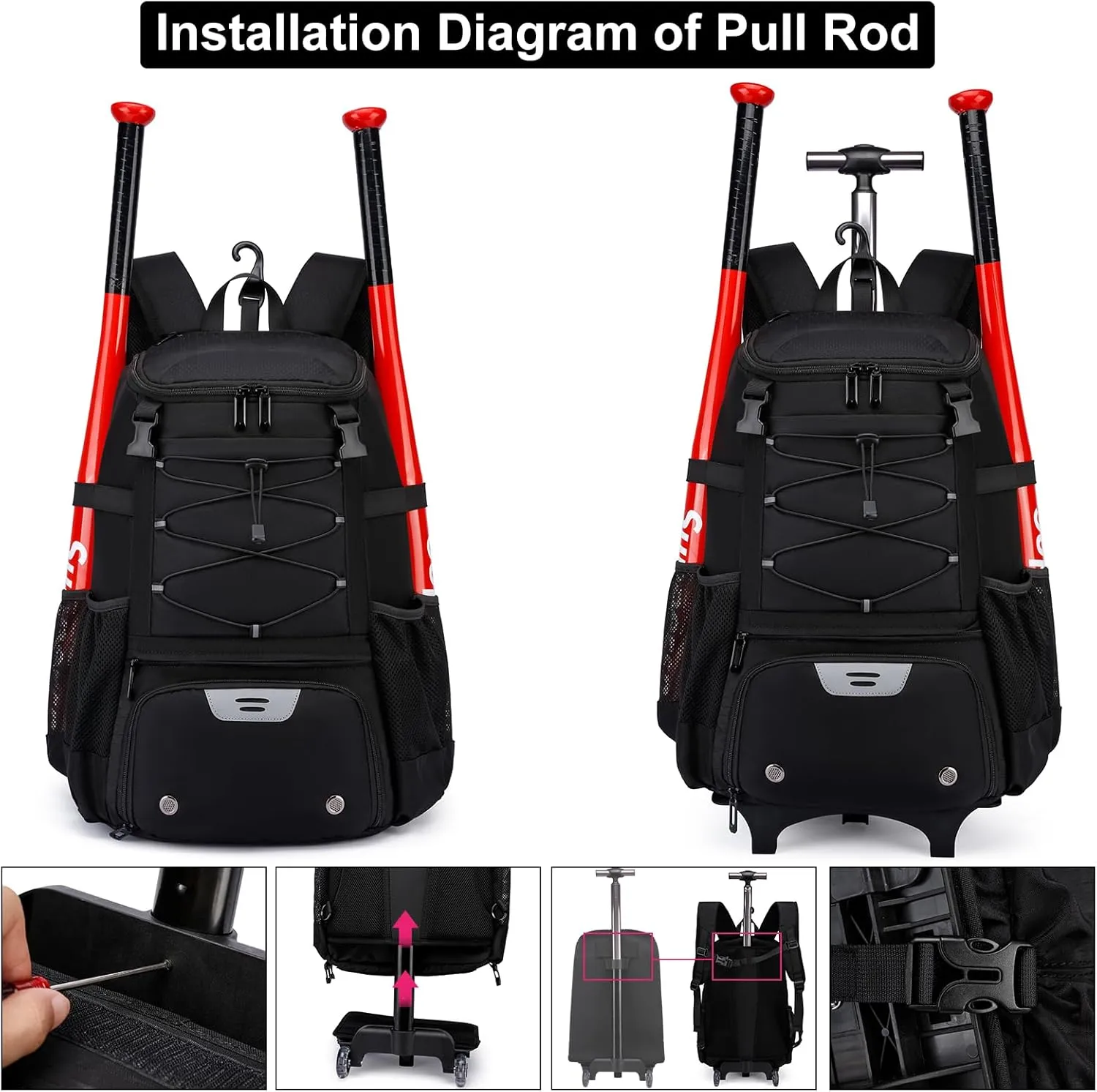 Softball Bag, Baseball Rolling Bat Bag - Wheeled for Youth Girls Adult, Lightweight Equipment Backpack With Shoe Compartment, Fence Hook for TBall, Helmet
