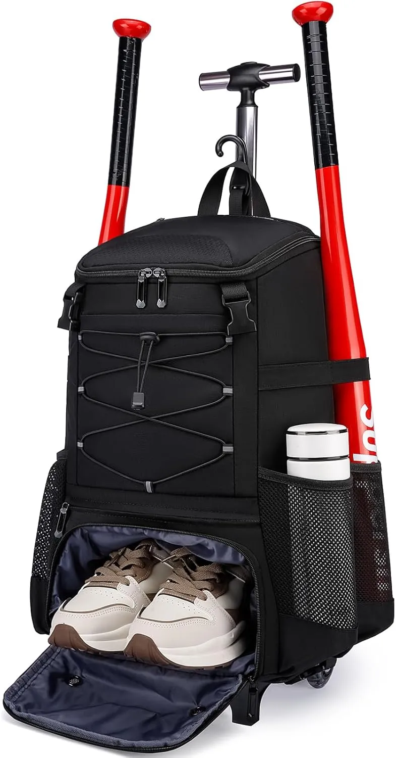 Softball Bag, Baseball Rolling Bat Bag - Wheeled for Youth Girls Adult, Lightweight Equipment Backpack With Shoe Compartment, Fence Hook for TBall, Helmet
