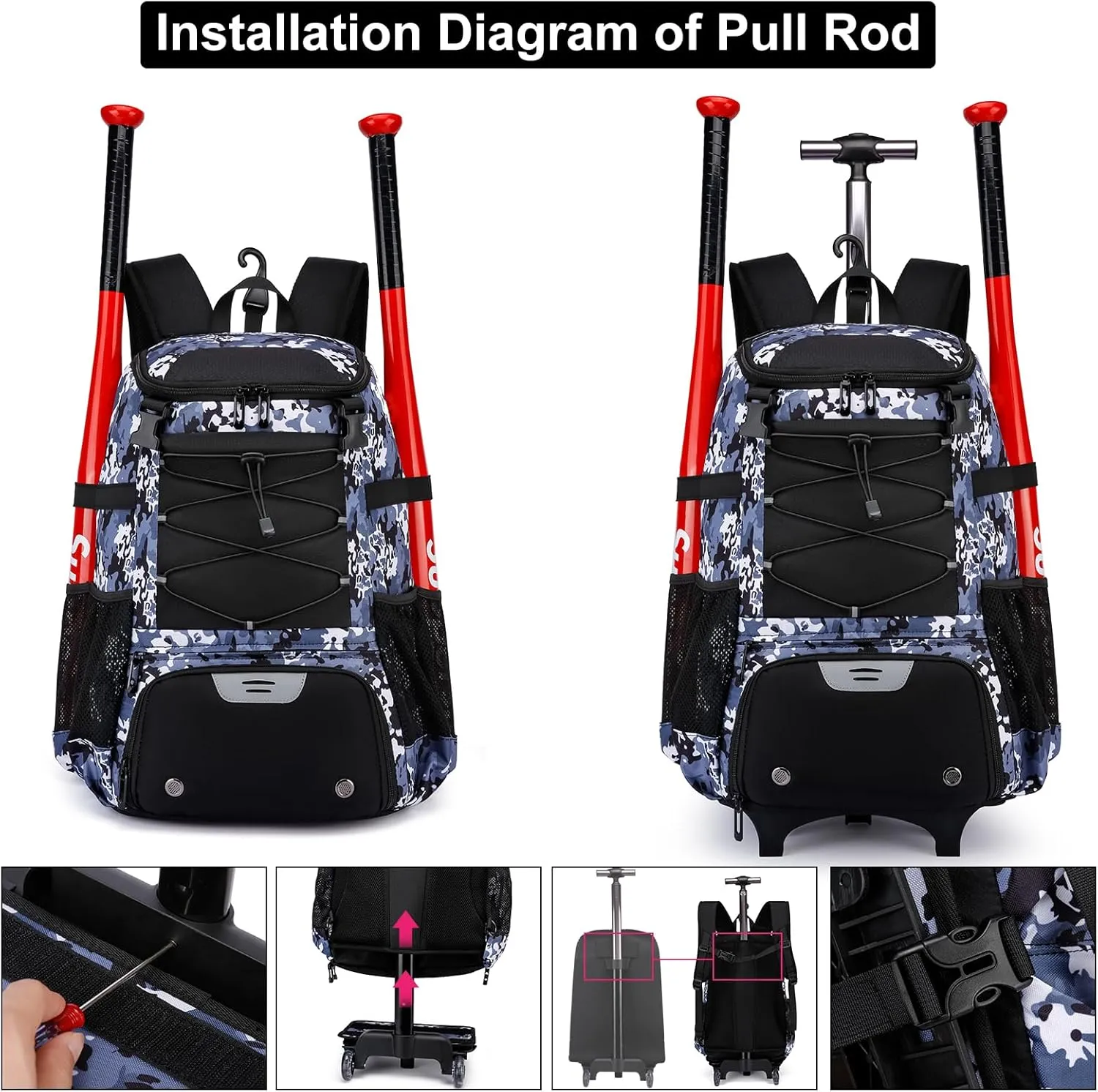 Softball Bag, Baseball Rolling Bat Bag - Wheeled for Youth Girls Adult, Lightweight Equipment Backpack With Shoe Compartment, Fence Hook for TBall, Helmet