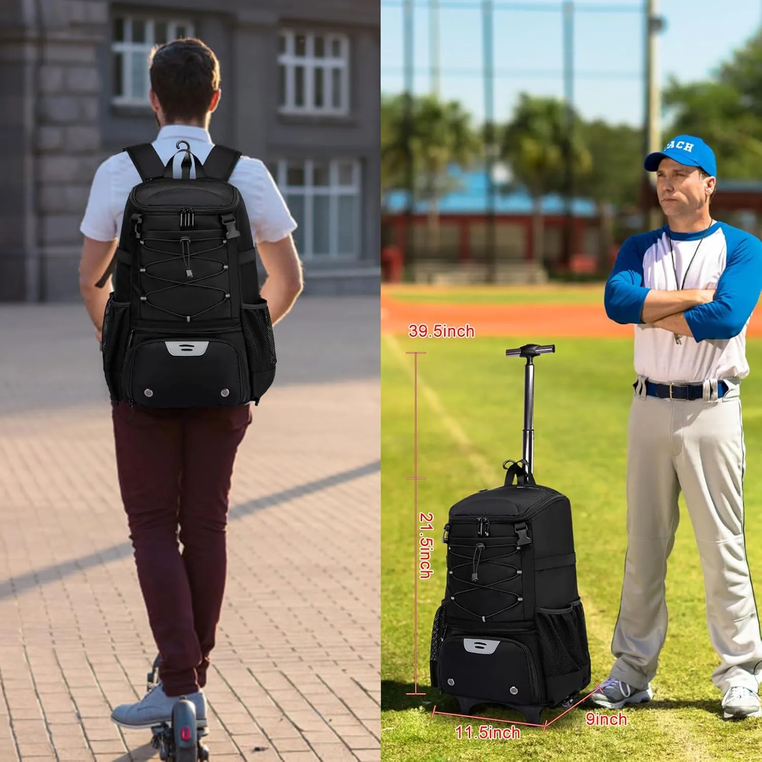 Softball Bag, Baseball Rolling Bat Bag - Wheeled for Youth Girls Adult, Lightweight Equipment Backpack With Shoe Compartment, Fence Hook for TBall, Helmet