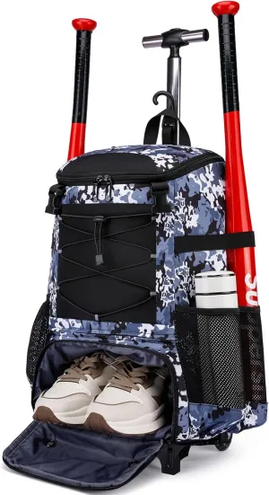 Softball Bag, Baseball Rolling Bat Bag - Wheeled for Youth Girls Adult, Lightweight Equipment Backpack With Shoe Compartment, Fence Hook for TBall, Helmet