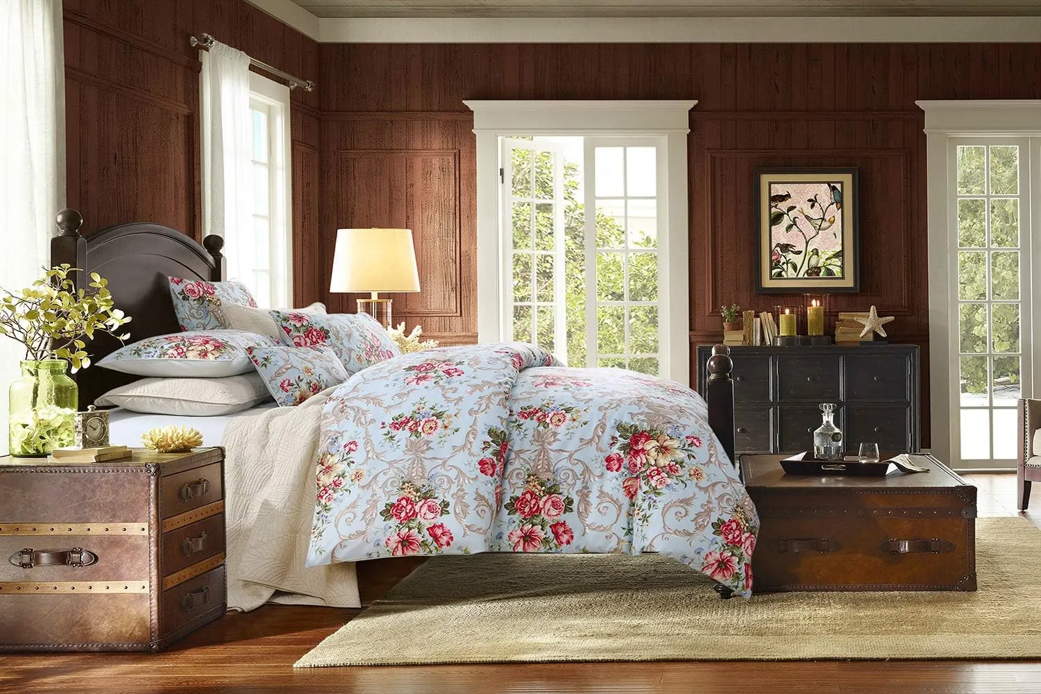 Softta Boho Chic Shabby Floral Classic Luxury Collection Elegant Peony And Leaves Bedding Sets Design Queen Size 3Pcs 1 Duvet Cover  2 Pillowcases/shams 100% Egyptian Cotton Duvet Cover Set