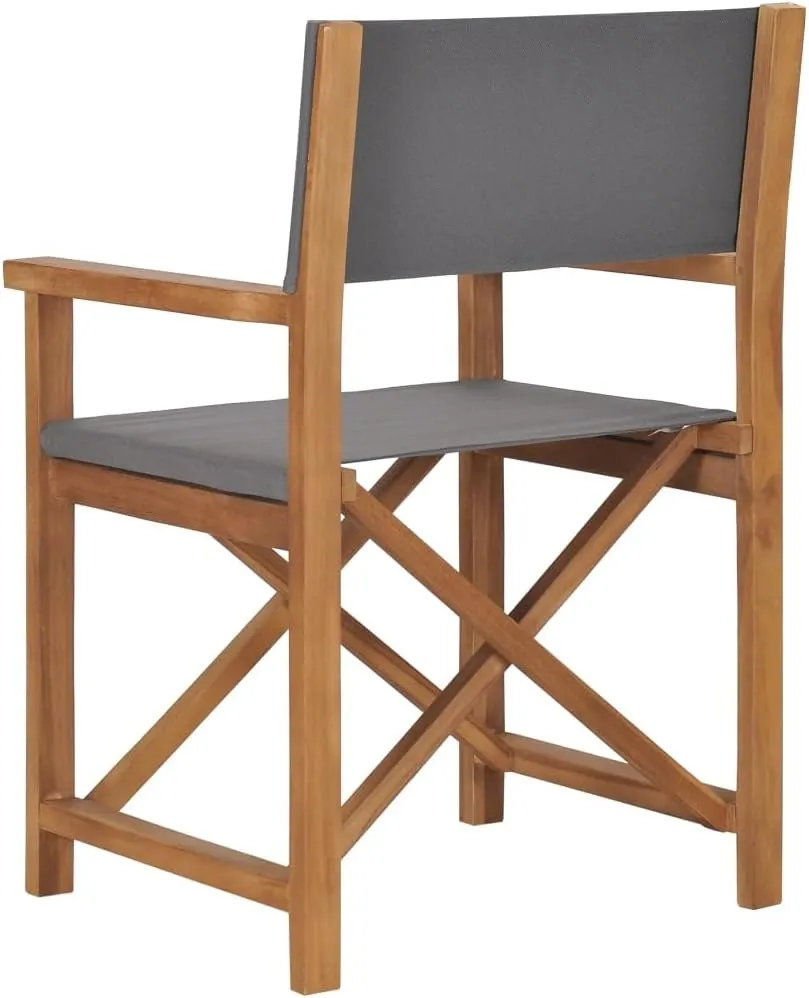 Solid Teak Wood Director's Chair Gray Foldable Outdoor Patio Furniture with Fabric Seat for Camping Beach Balcony and Home Use