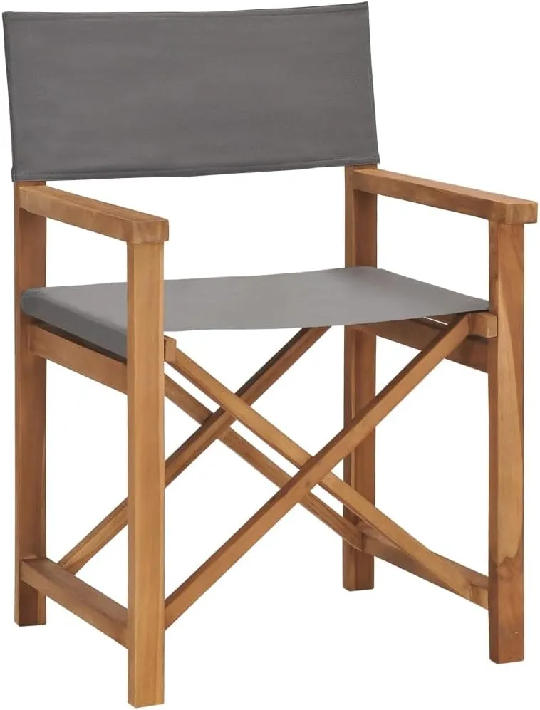 Solid Teak Wood Director's Chair Gray Foldable Outdoor Patio Furniture with Fabric Seat for Camping Beach Balcony and Home Use