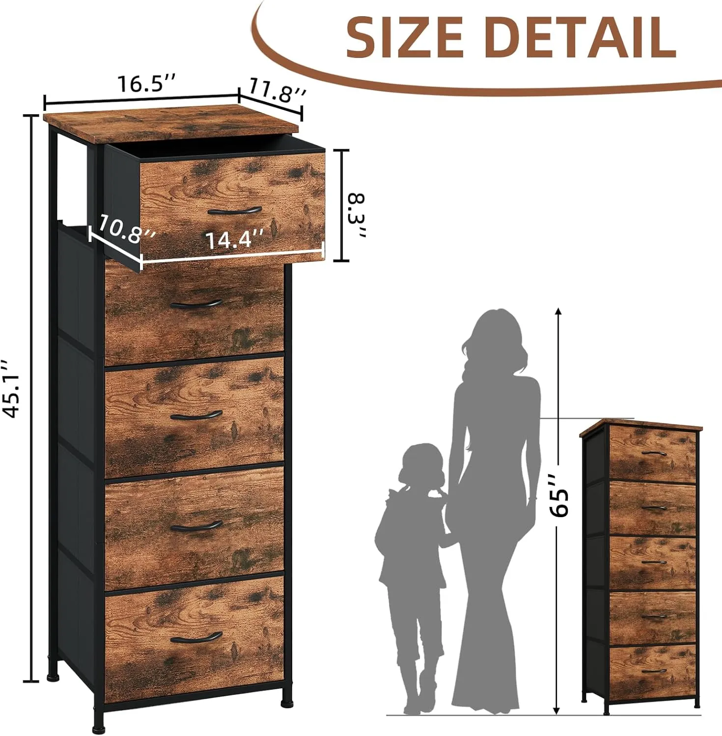 Somdot Tall Dresser for Bedroom with 5 Drawers, Storage Organizer Chest of Drawers with Removable Fabric Bins for Closet Bedside Nursery Laundry Living Room Entryway Hallway, Wood Grain Print