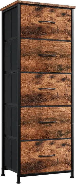 Somdot Tall Dresser for Bedroom with 5 Drawers, Storage Organizer Chest of Drawers with Removable Fabric Bins for Closet Bedside Nursery Laundry Living Room Entryway Hallway, Wood Grain Print