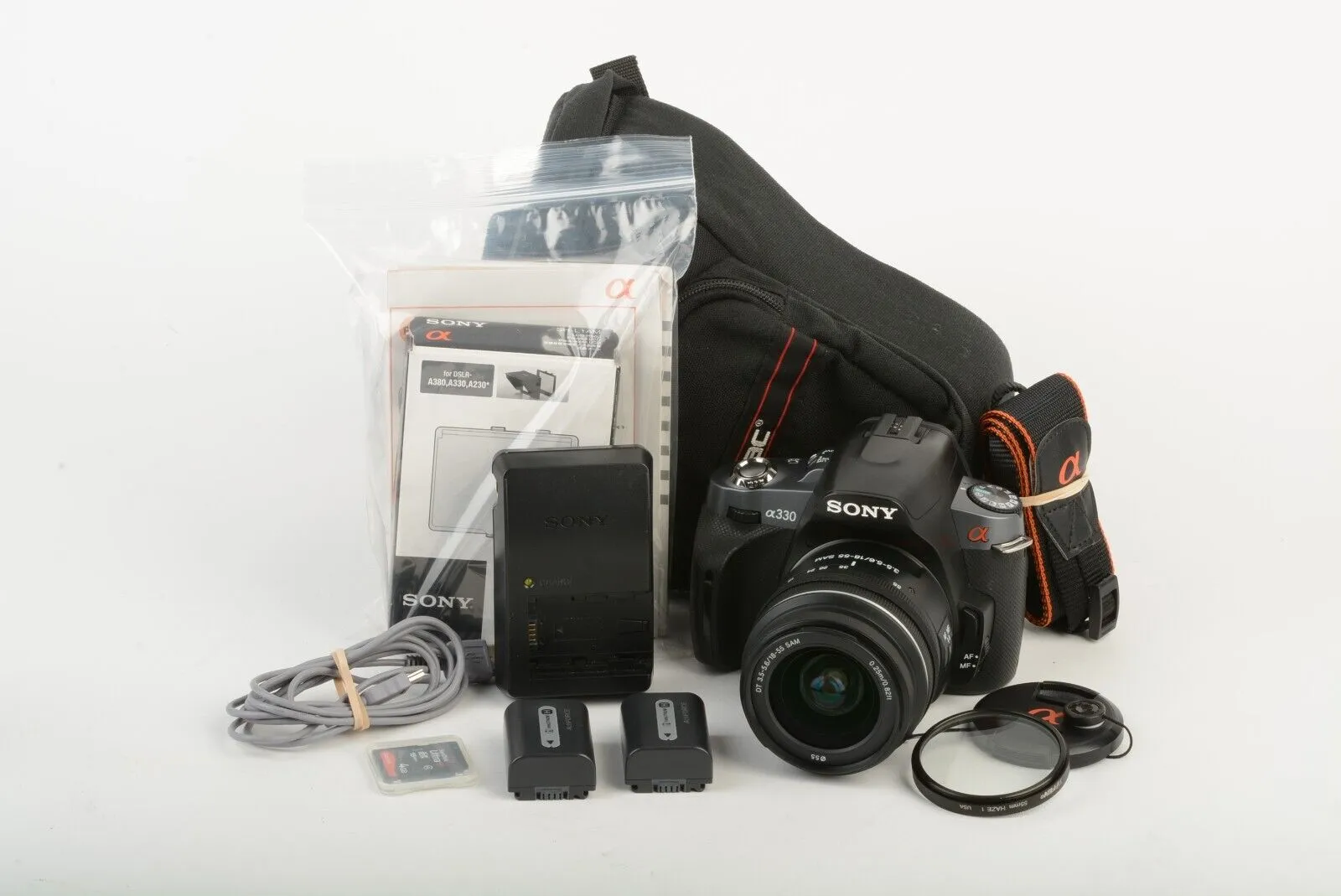 Sony DSLR-A330 A330 10.2MP DSLR w/18-55mm zoom, 2Batts, charger, protector   case