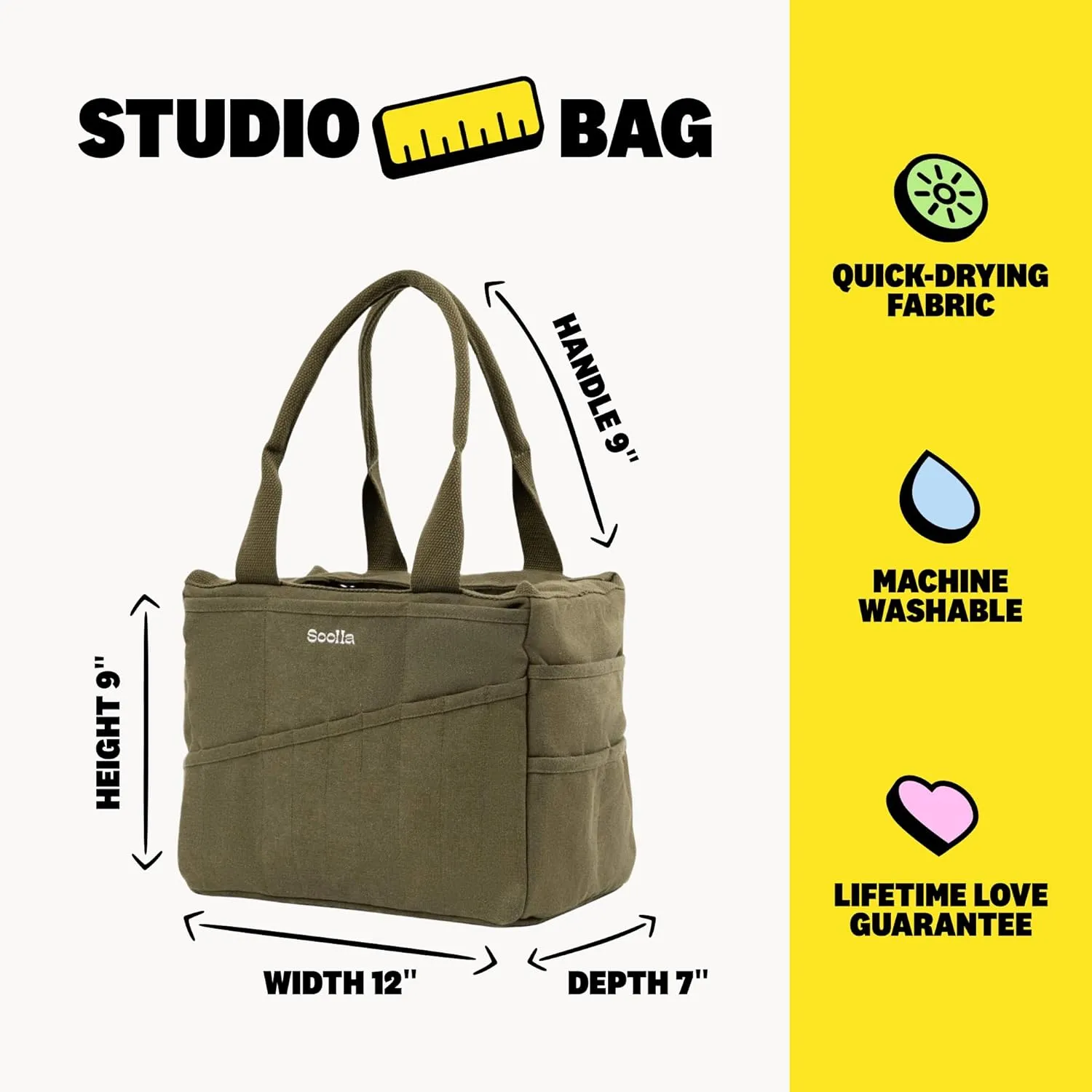 Soolla Studio Bag: Washable Art Supply & Pottery Clay Tool Bag, 30 Pockets, 15 Colors, Artist Gift Organizer (Forest Green)
